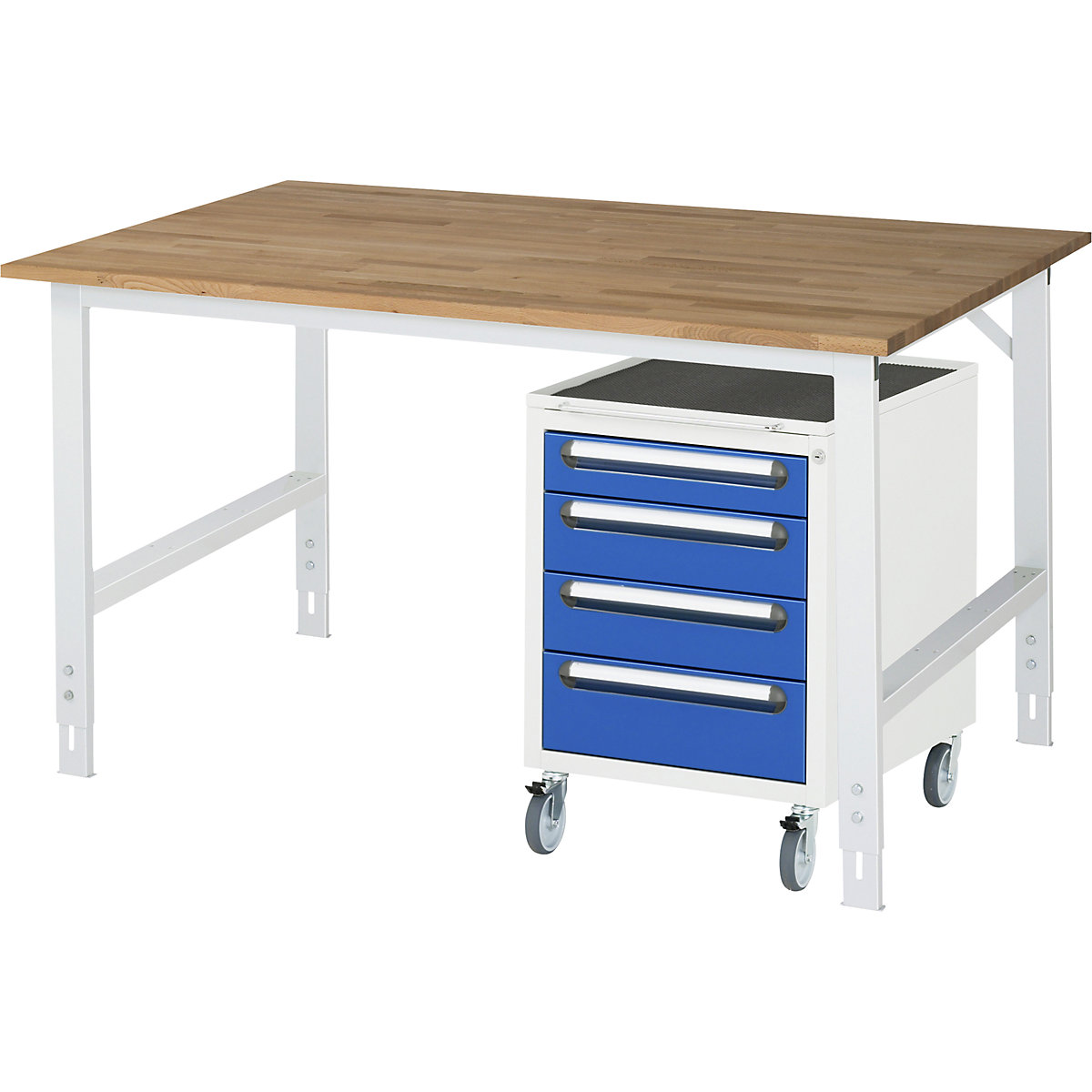 Stół roboczy z szafką z szufladami, kontener na kółkach z 4 szufladami 1 x 90, 2 x 120, 1 x 140 mm, szer. x głęb. 1500 x 800 mm, blat bukowy, grub. 25 mm-0