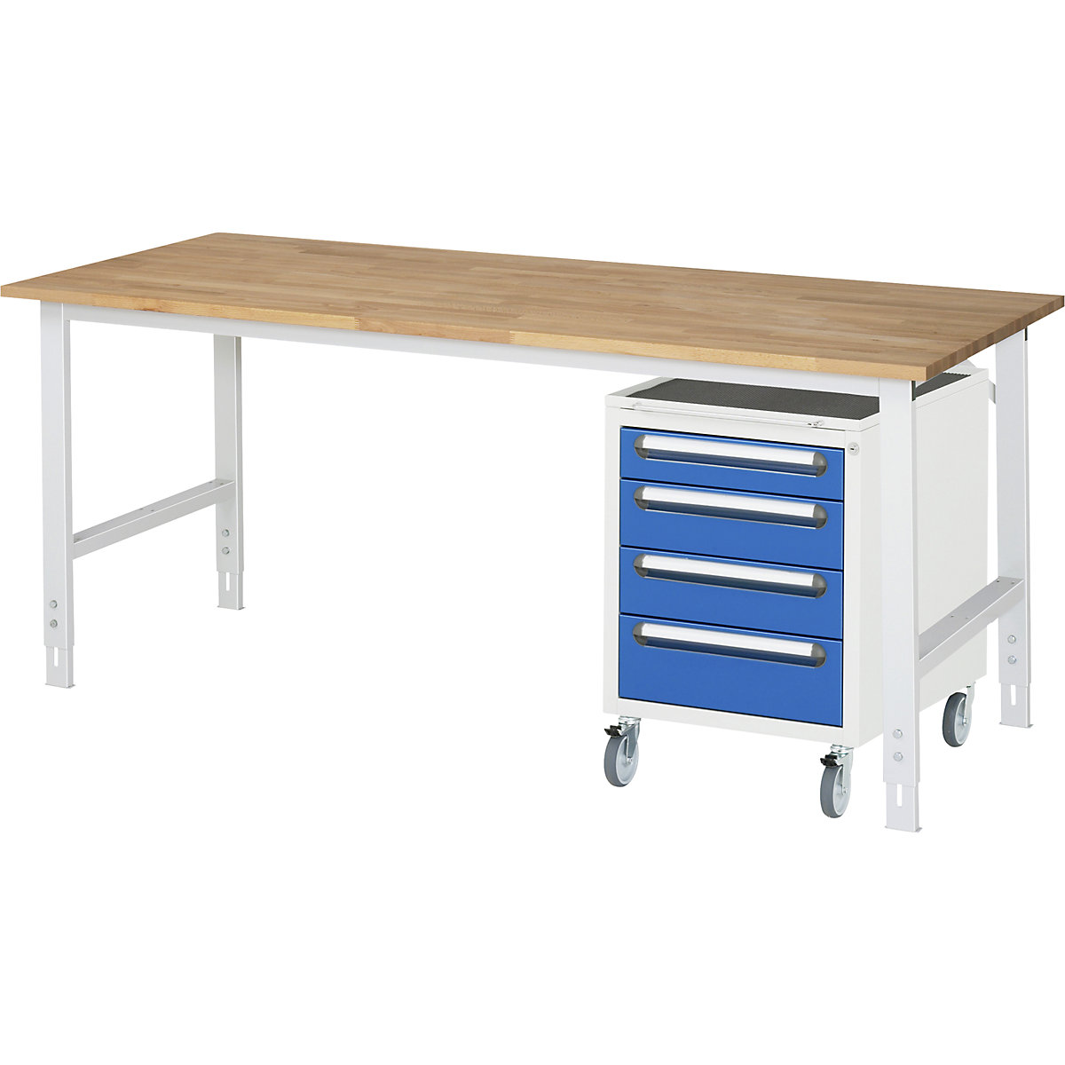 Stół roboczy z szafką z szufladami, kontener na kółkach z 4 szufladami 1 x 90, 2 x 120, 1 x 140 mm, szer. x głęb. 2000 x 800 mm, blat bukowy, grub. 25 mm-0