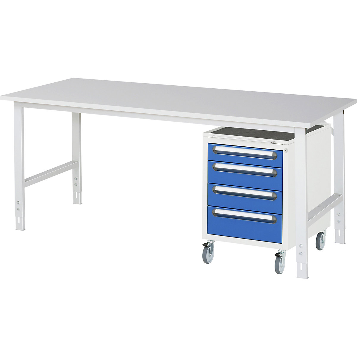 Stół roboczy z szafką z szufladami, kontener na kółkach z 4 szufladami 1 x 90, 2 x 120, 1 x 140 mm, szer. x głęb. 2000 x 800 mm, blat melaminowy, grub. 22 mm-0