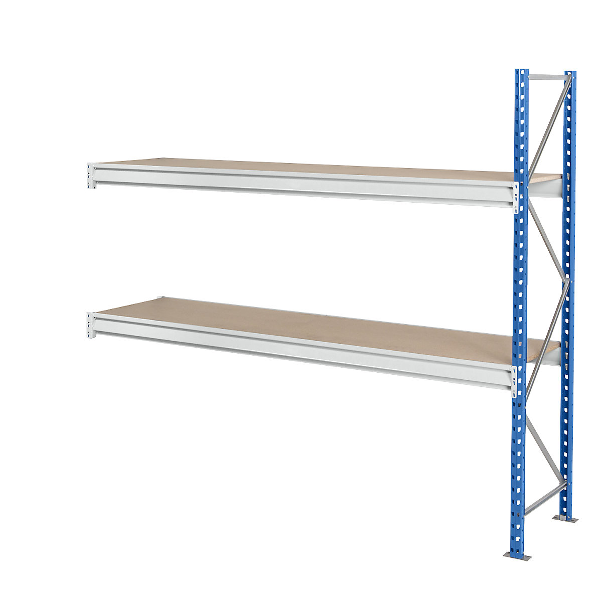 Heavy duty wide span shelving with moulded chipboard shelf panels - Manorga