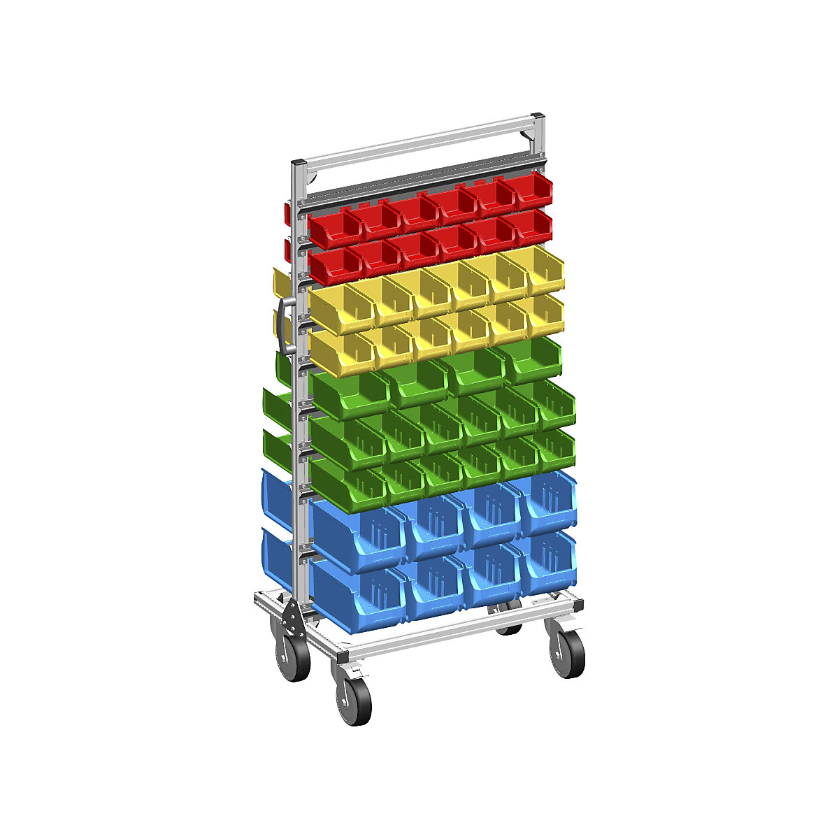 Aluminium mobile rack with open fronted storage bins