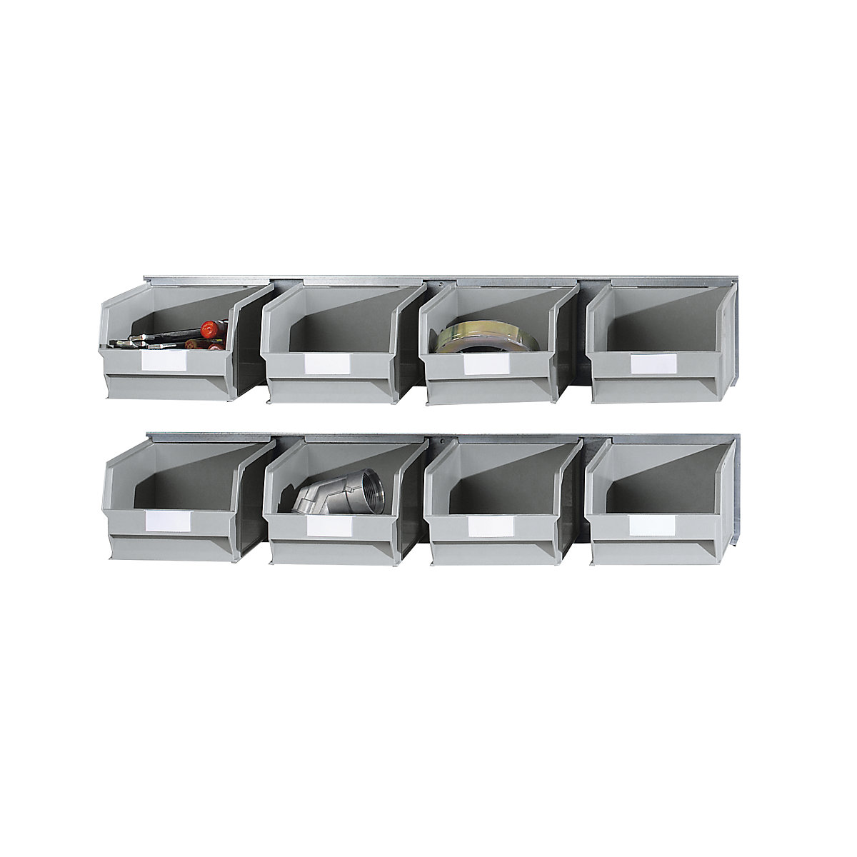 Set of suspension rails with open fronted storage bins