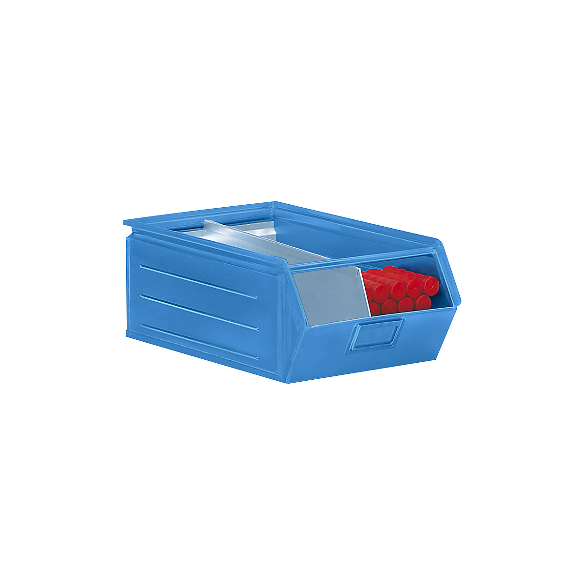 Open fronted storage bin made of sheet steel, LxWxH 515 x 310 x 200 mm, with support rod, light blue-2