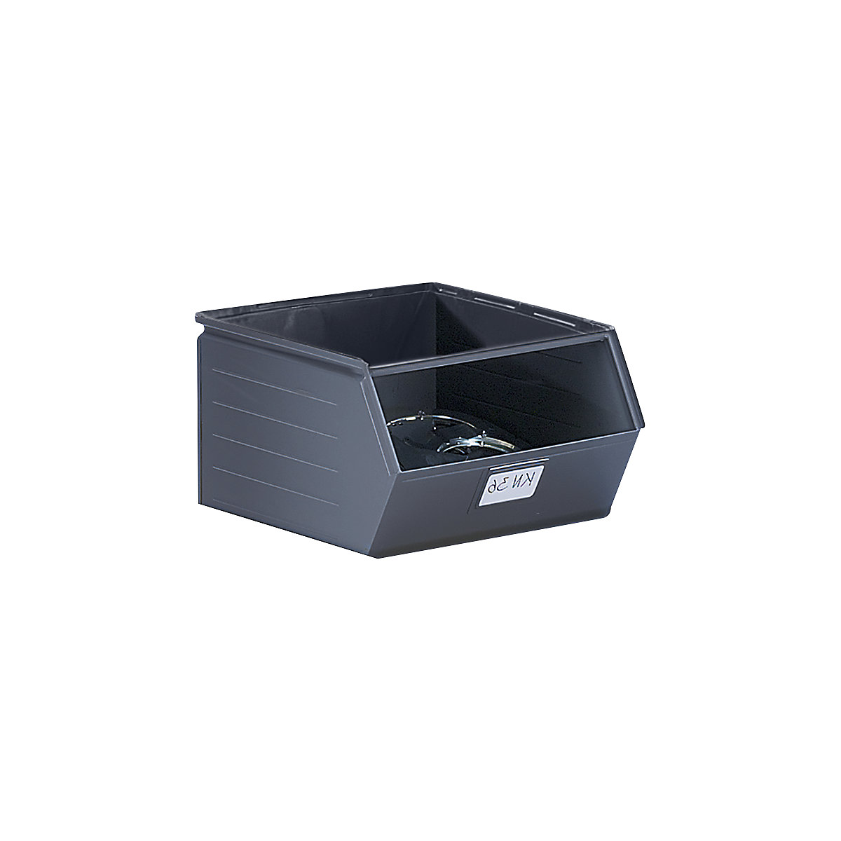 Open fronted storage bin made of sheet steel