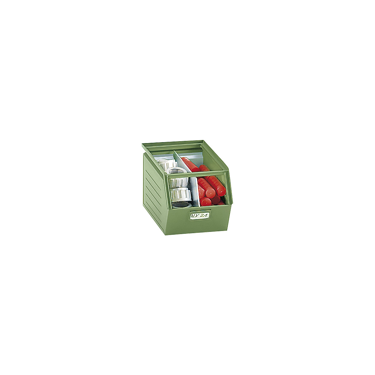 Open fronted storage bin made of sheet steel