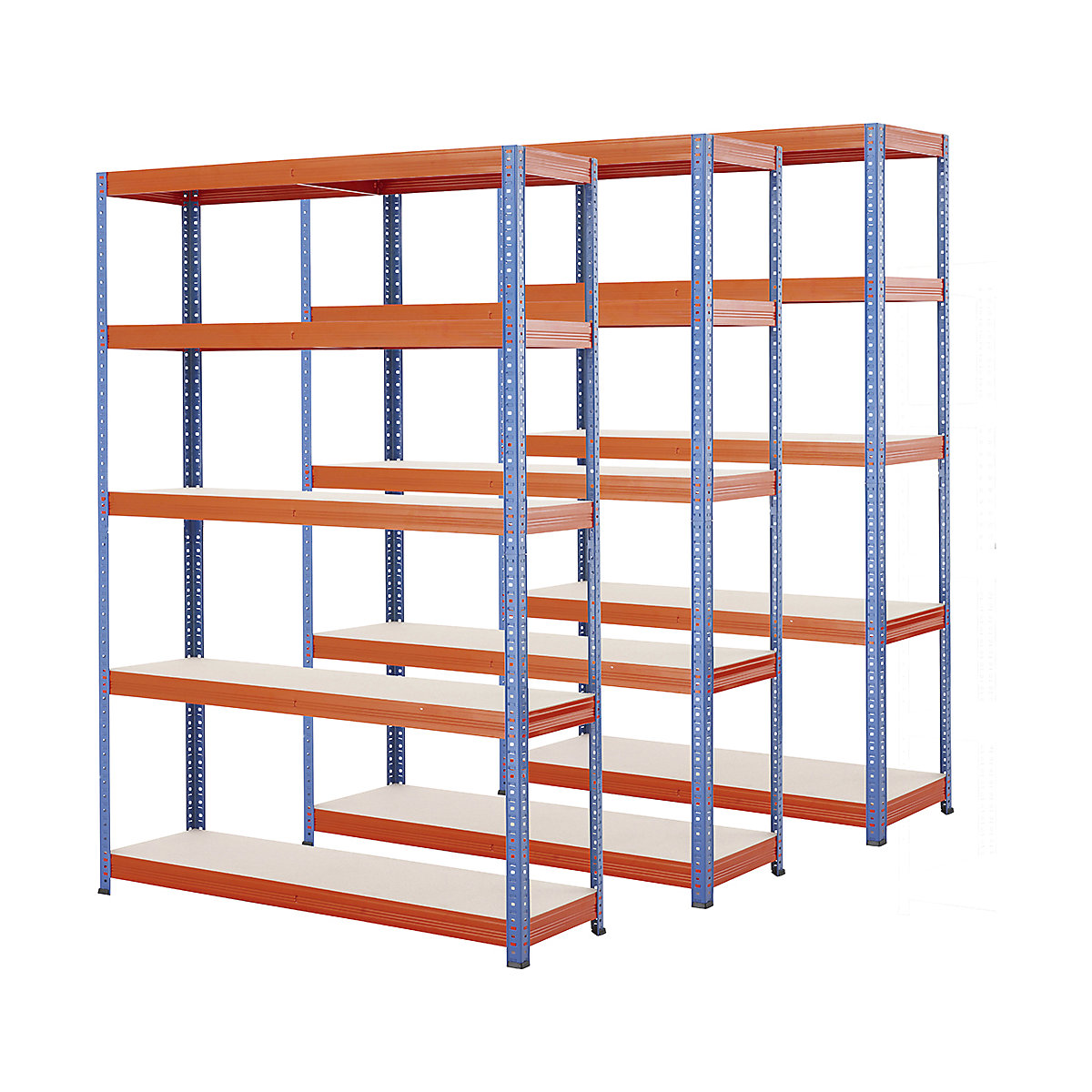 BiGDUG Essentials Shelving Storage Kits, BiGDUG Essentials Shelving Storage Kits, BiGDUG Essentials 3x Blue & Orange Shelving Unit, 5 Shelves, 1780h x 1200w x 400d mm 265kg UDL-2