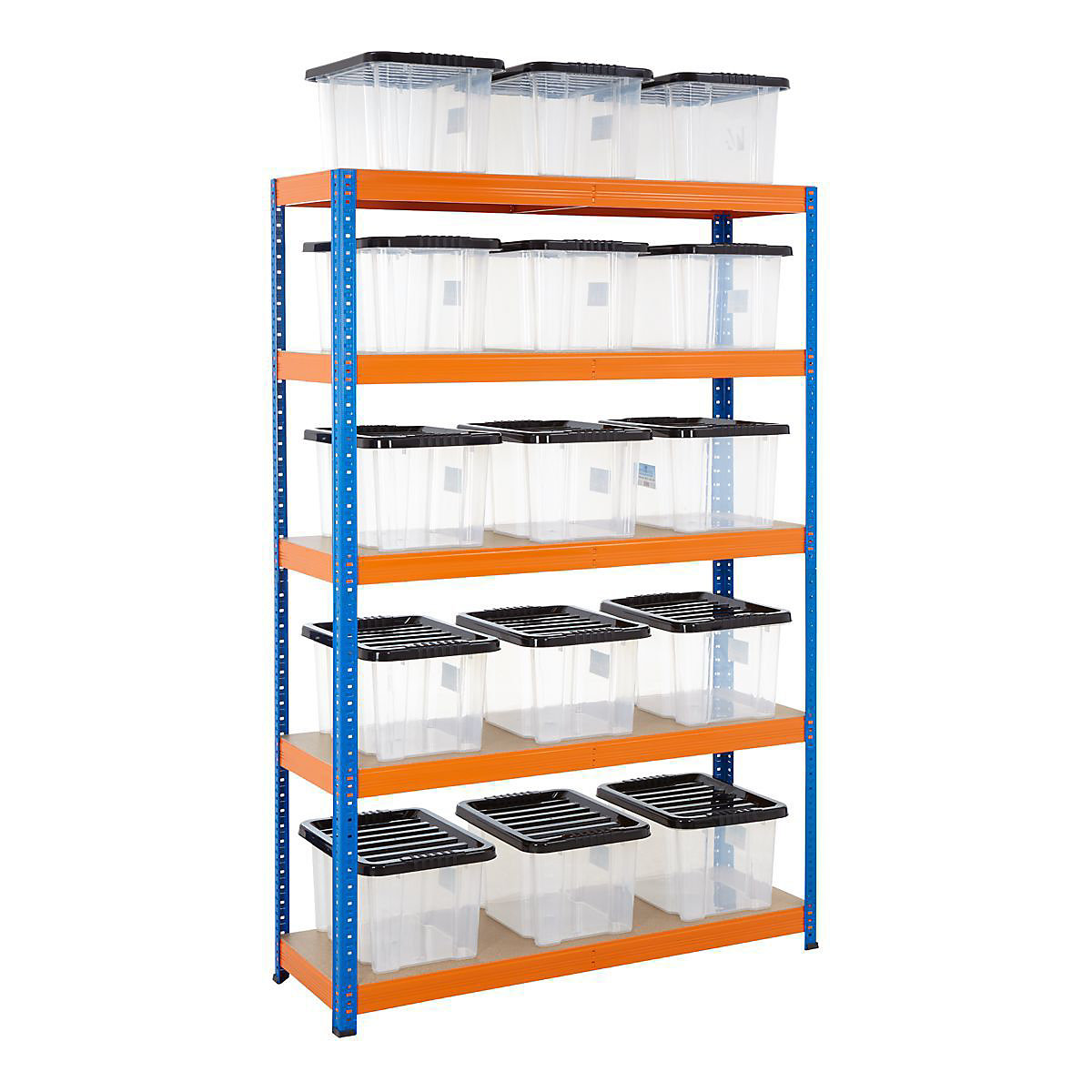 BiGDUG Essentials Shelving Storage Kits, BiGDUG Essentials Shelving Storage Kits, BiGDUG Essentials Blue & Orange Storage Kit | 1780h x 1200w x 400d mm 265kg UDL | With 15x Clear Plastic Boxes (250h x 330w x 430d mm)-0