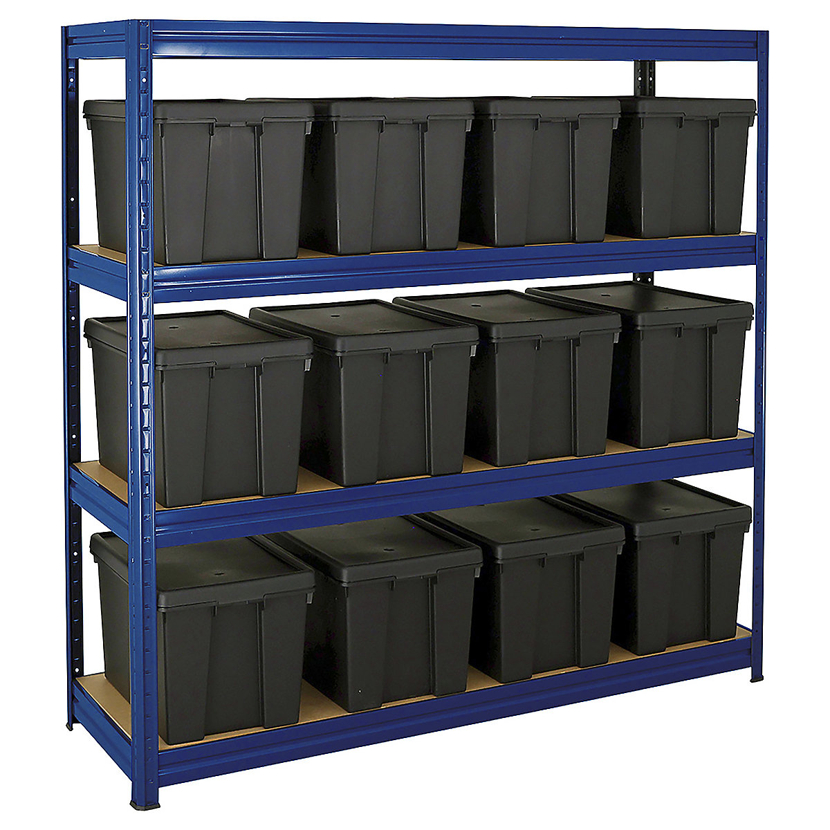 BiGDUG Garage Heavy Duty Shelving Kit With Wham Bam Recycled Storage Boxes, BiGDUG Garage Heavy Duty Shelving Kit With Wham Bam Recycled Storage Boxes, BiGDUG Garage Heavy Duty Shelving Kit With Wham Bam Recycled Storage Boxes | 1770h x 1800w x 600d mm | Blue | 4 Levels | 12x 62L Boxes | 500kg UDL-0