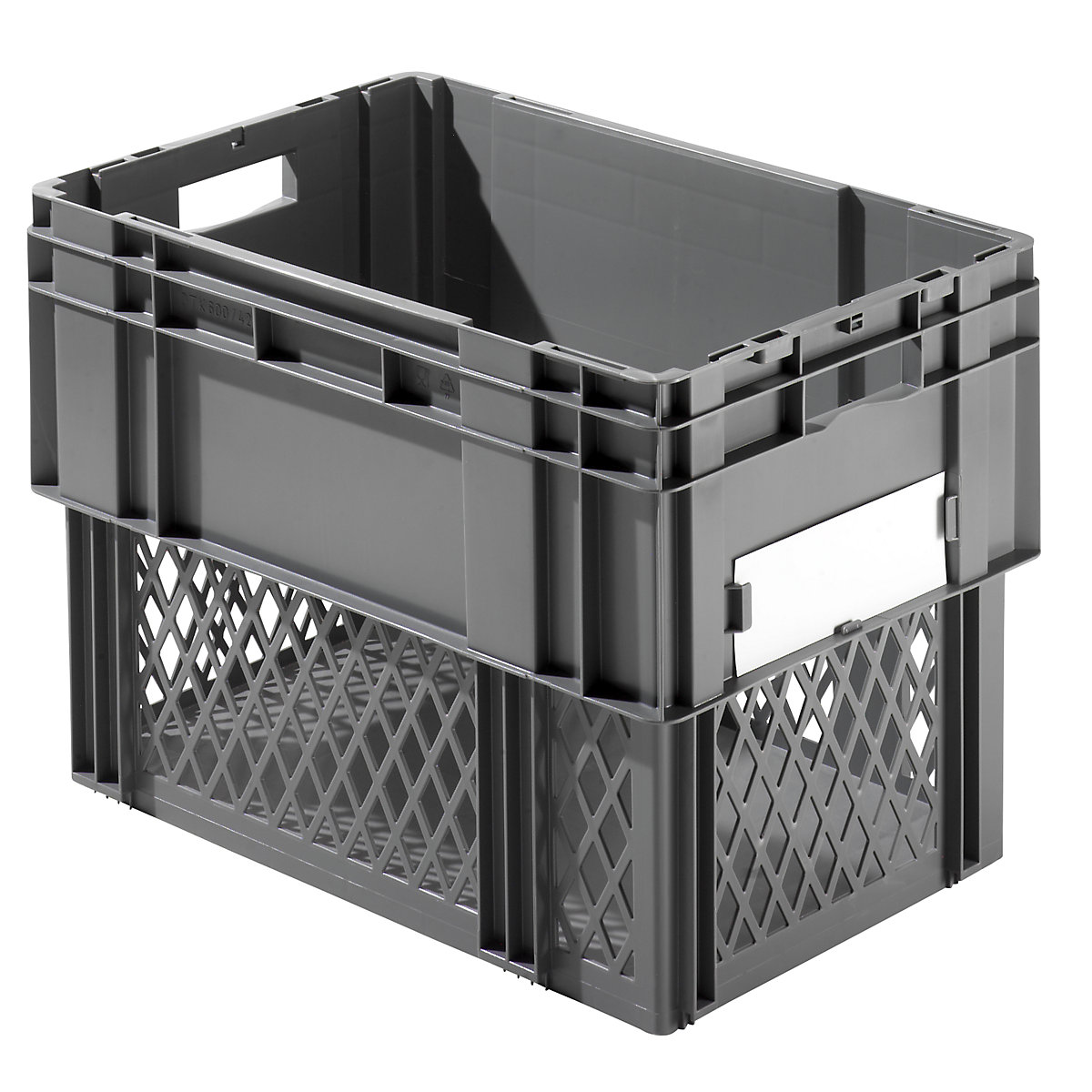 Stacking box, capacity 78 litres, perforated walls, solid base, pack of 4, grey