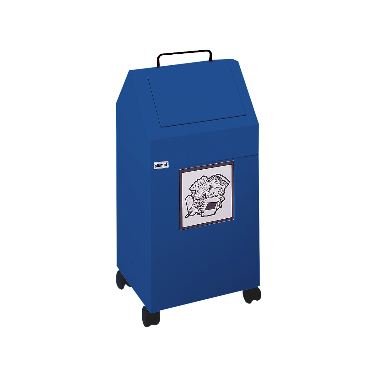 Zberač druhotných surovín s vhadzovacím príklopom, objem 45 l, š x v x h 320 x 710 x 310 mm, pojazdná, modrá RAL 5010-0