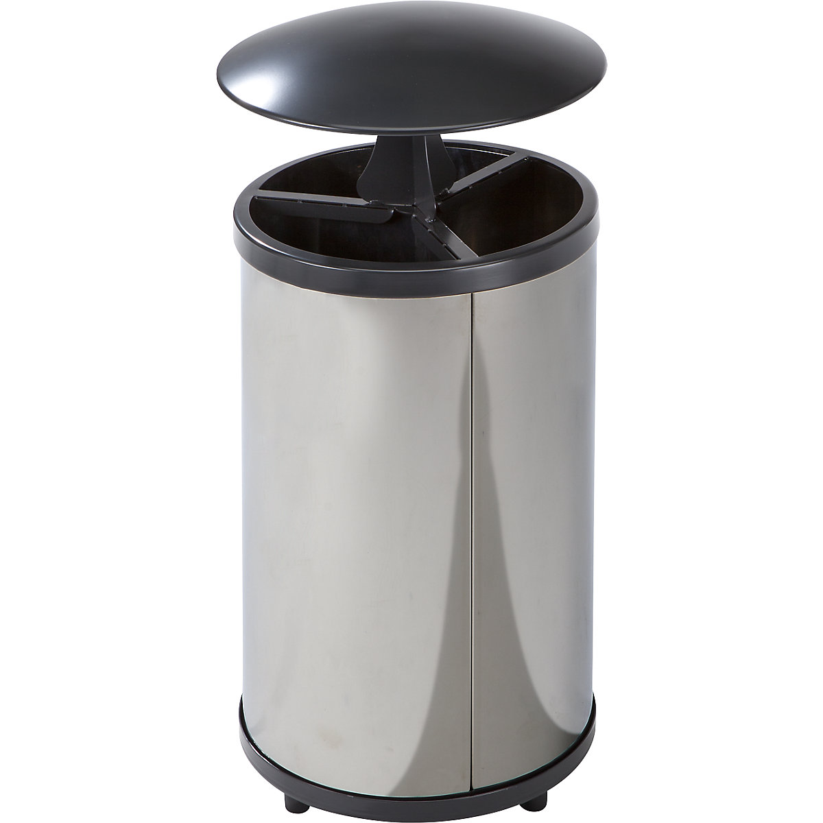 Pojemnik do segregacji odpadów, okrągły – VAR, poj. 3 x 30 l, wys. x Ø 720 x 420 mm, stal szlachetna, z daszkiem-0