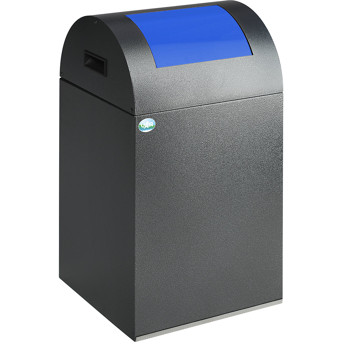 Samogaszący pojemnik na surowce wtórne – VAR, poj. 43 l, wys. x szer. x głęb. 600 x 320 x 320 mm, srebrny antyczny, klapa niebieska-0