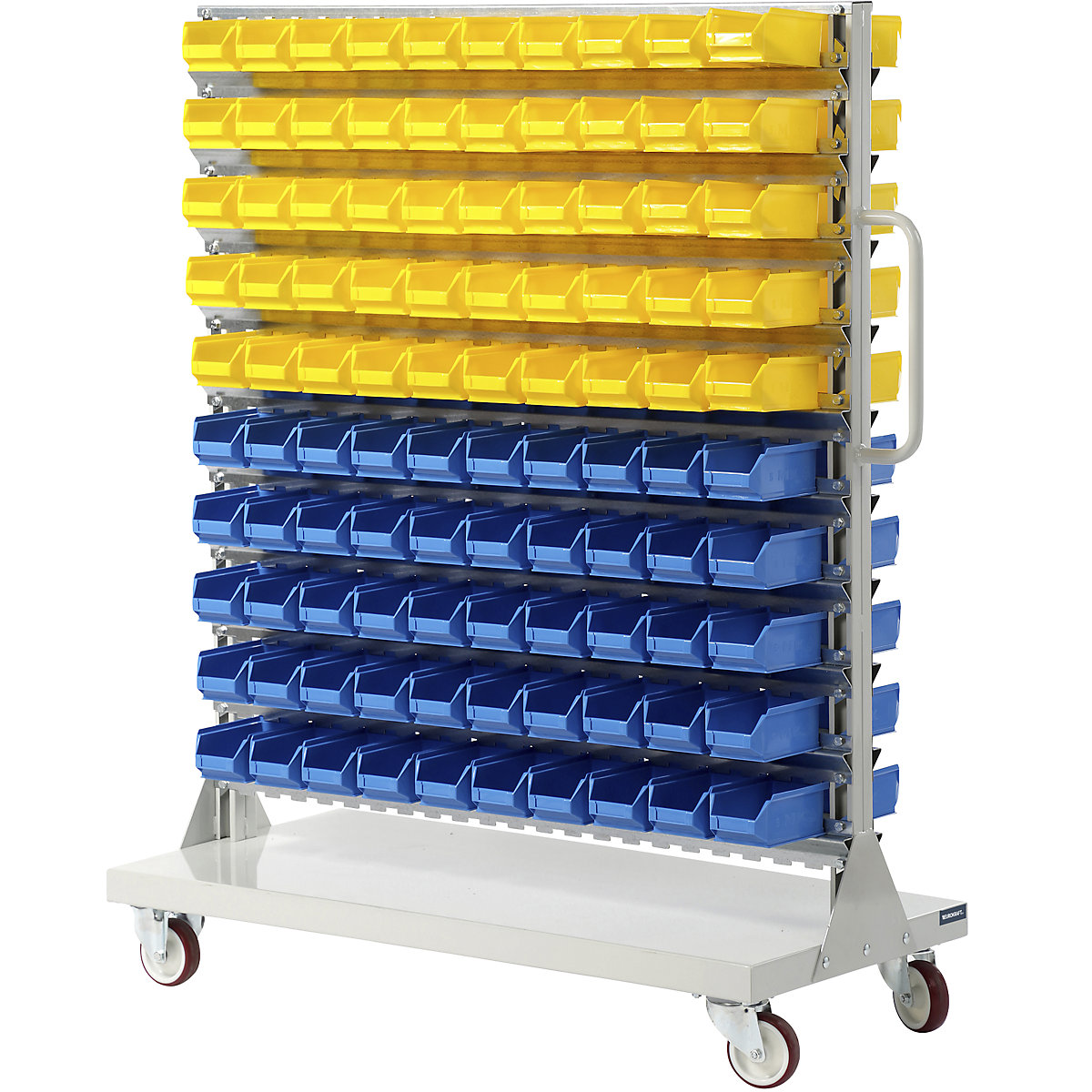 Regał na kółkach z otwartymi pojemnikami magazynowymi – eurokraft pro, dwustronne, wys. x szer. x głęb. 1450 x 1170 x 540 mm, z 210 skrzynkami-0