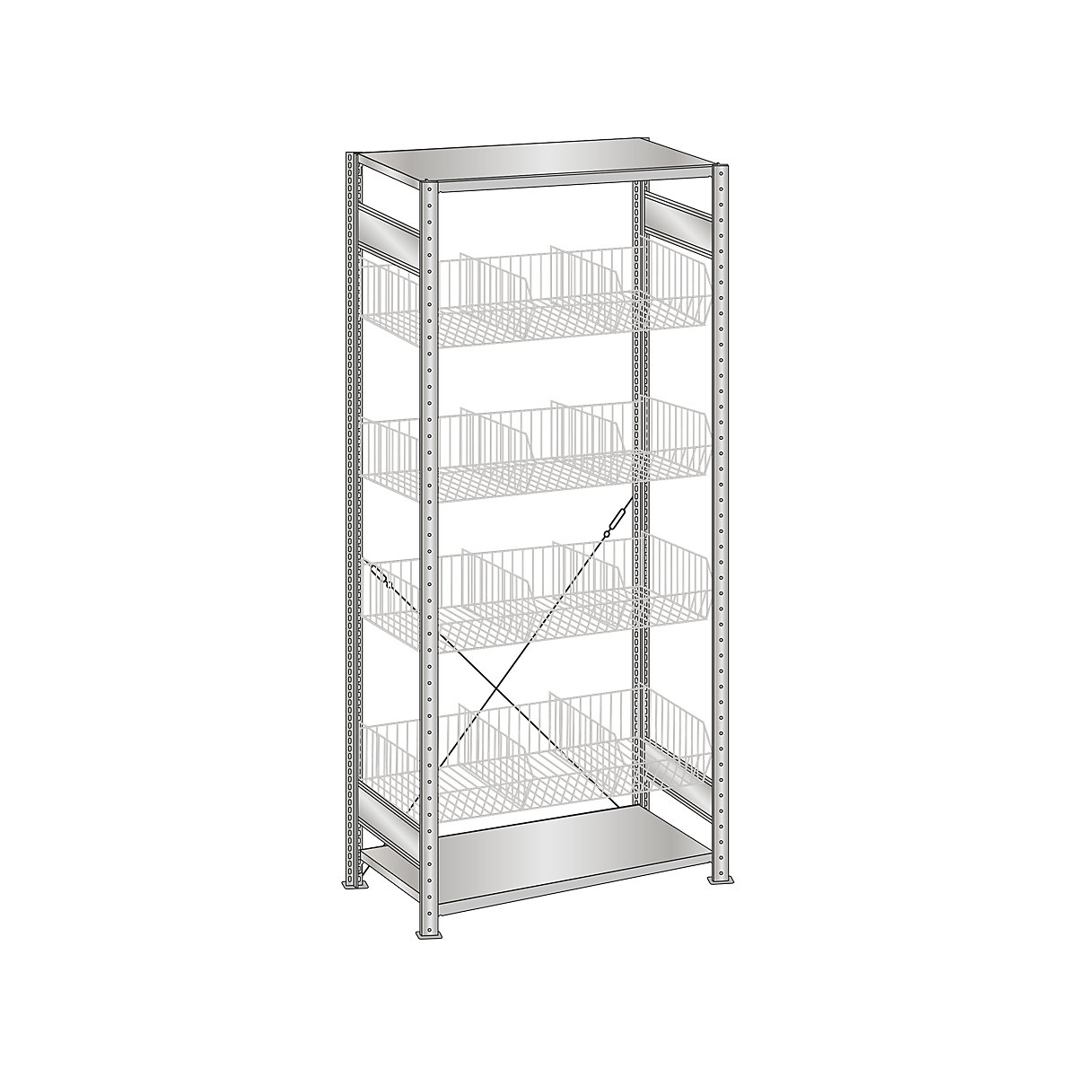 Regał wtykowy z koszami z kraty drucianej, ocynkowany – SCHULTE, szer. x głęb. 1000 x 500 mm, z 4 koszami, regał podstawowy, wys. 2000 mm-0