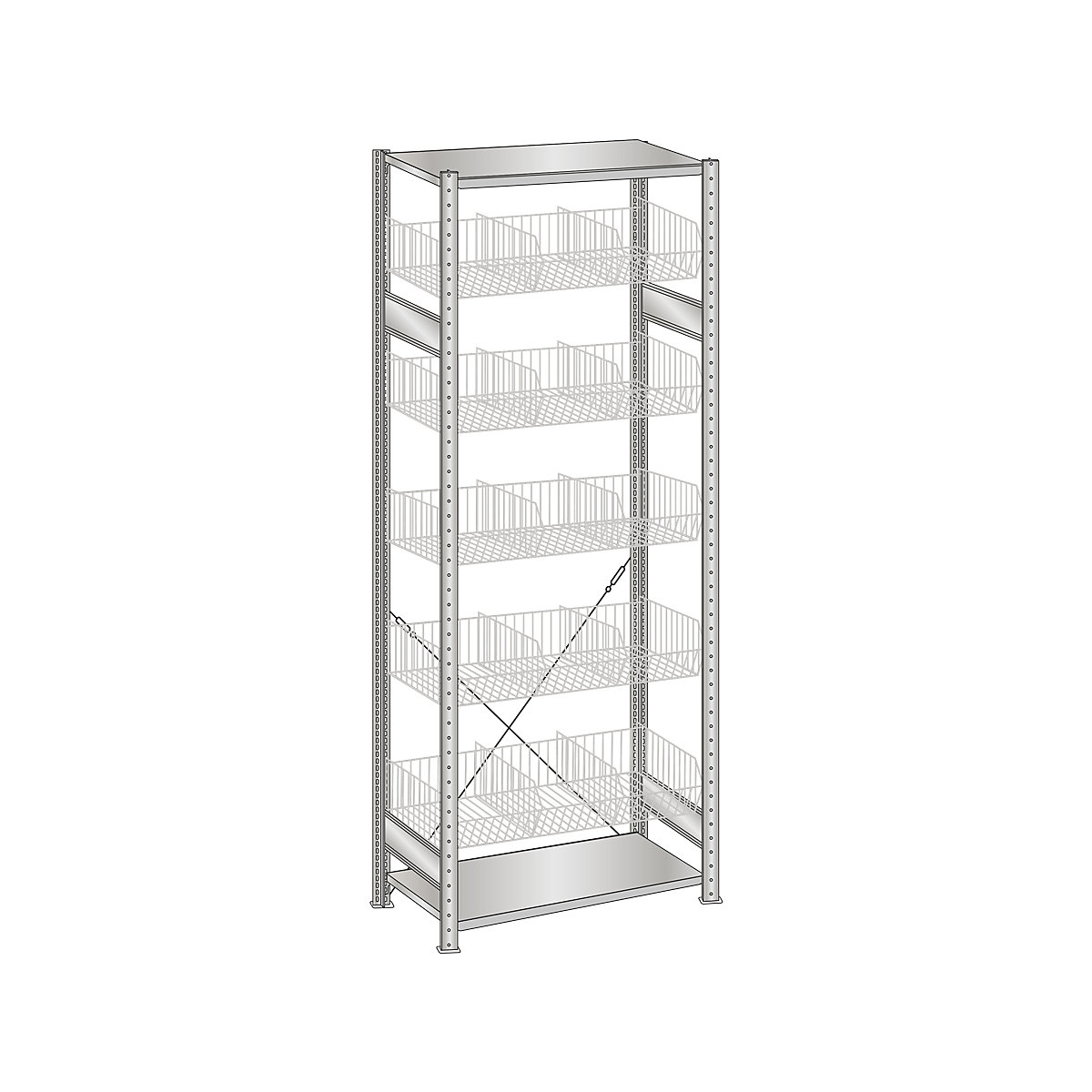 Regał wtykowy z koszami z kraty drucianej, ocynkowany – SCHULTE, szer. x głęb. 1000 x 500 mm, z 5 koszami, regał podstawowy, wys. 2300 mm-0