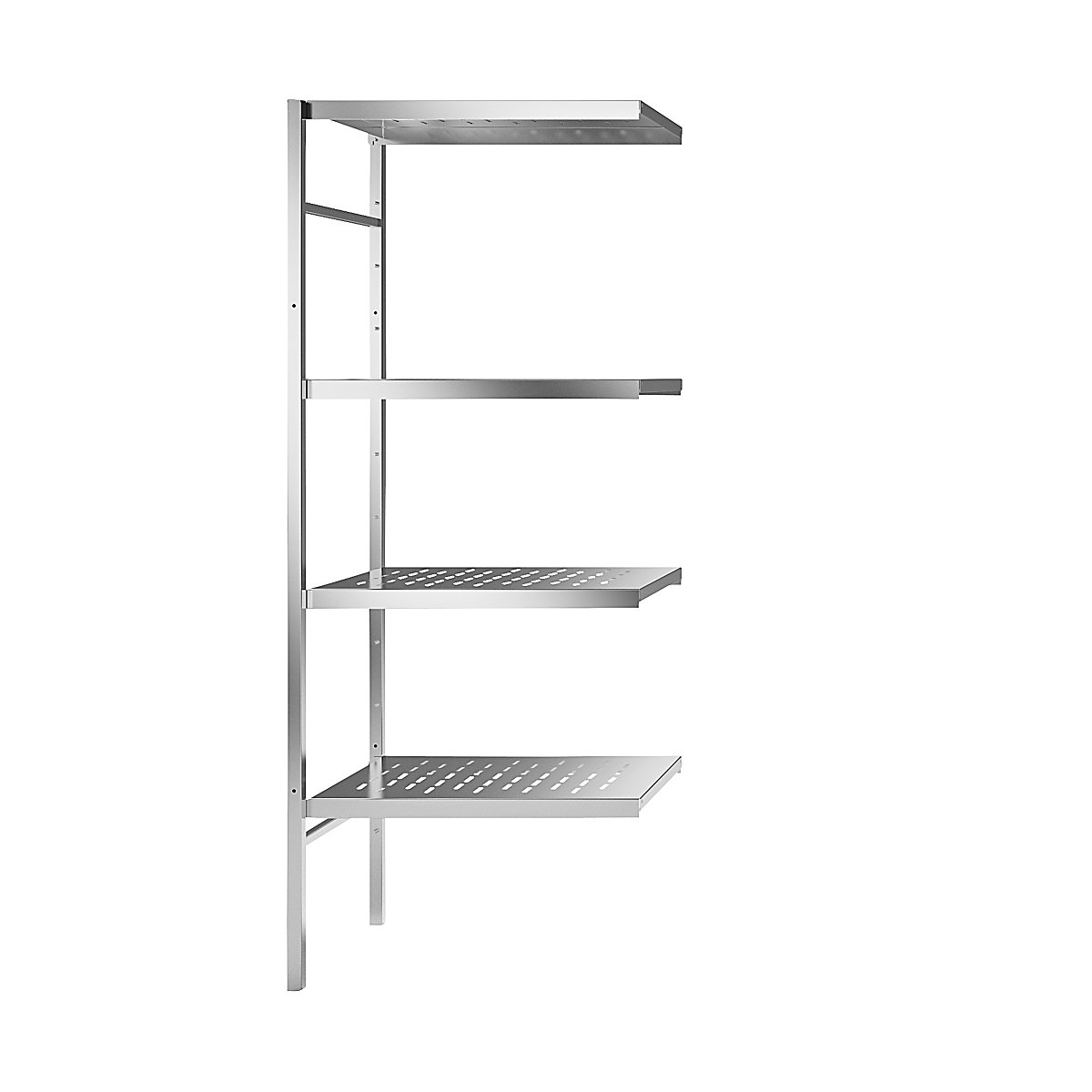 Regał wtykowy ze stali szlachetnej, 4 perforowane półki, szer. półki x gł. 640 x 540 mm, narożny regał dodatkowy-0