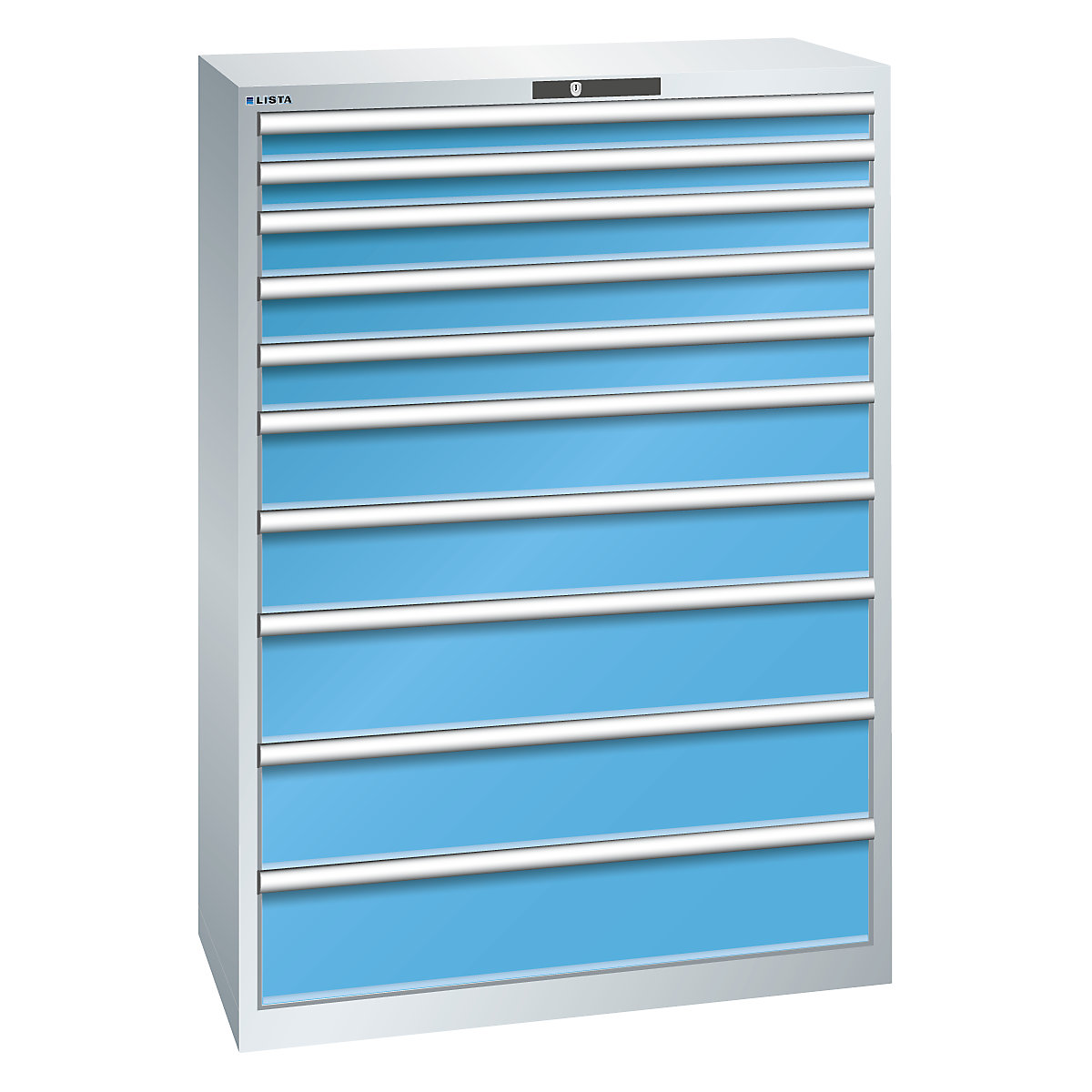 Szafa z szufladami, 10 szuflad – LISTA, szer. x głęb. x wys. 1023 x 725 x 1450 mm, jasnoszara / jasnoniebieska-0