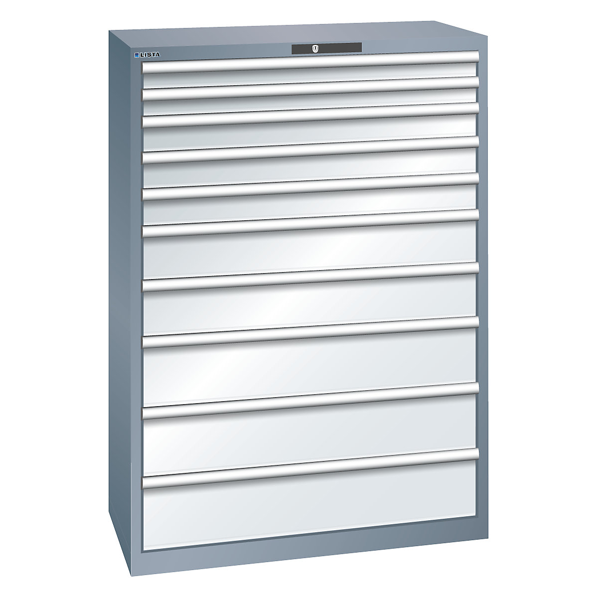 Szafa z szufladami, 10 szuflad – LISTA, szer. x głęb. x wys. 1023 x 725 x 1450 mm, szary metallic / jasnoszara-0