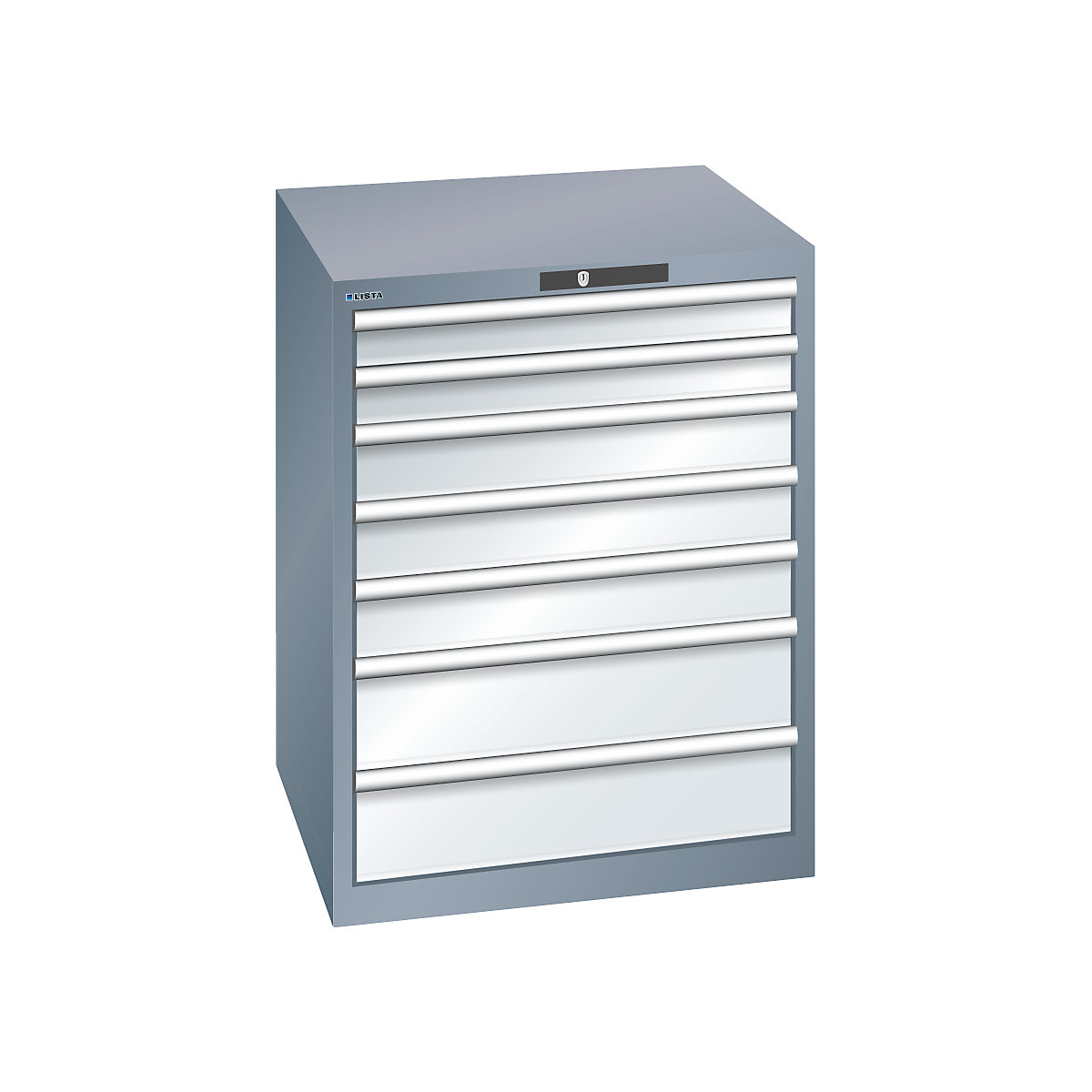 Szafa z szufladami, 7 szuflad – LISTA, szer. x głęb. x wys. 717 x 725 x 850 mm, nośność 200 kg, szary metallic / jasnoszara-0
