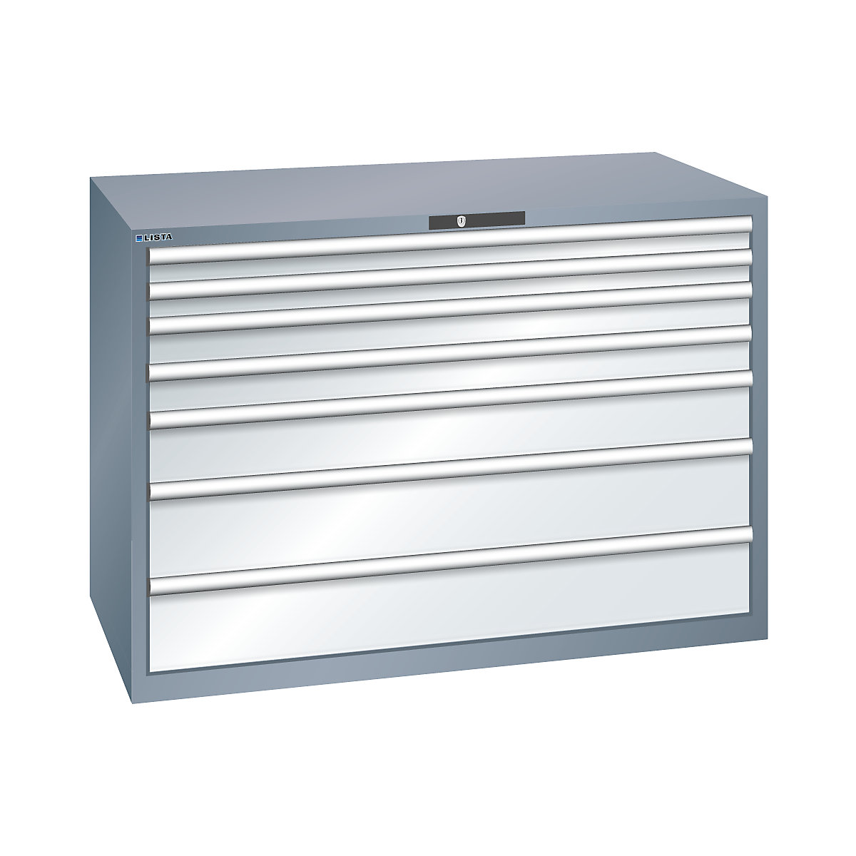 Szafa z szufladami, 7 szuflad – LISTA, szer. x głęb. x wys. 1431 x 725 x 1000 mm, szary metallic / jasnoszara-0