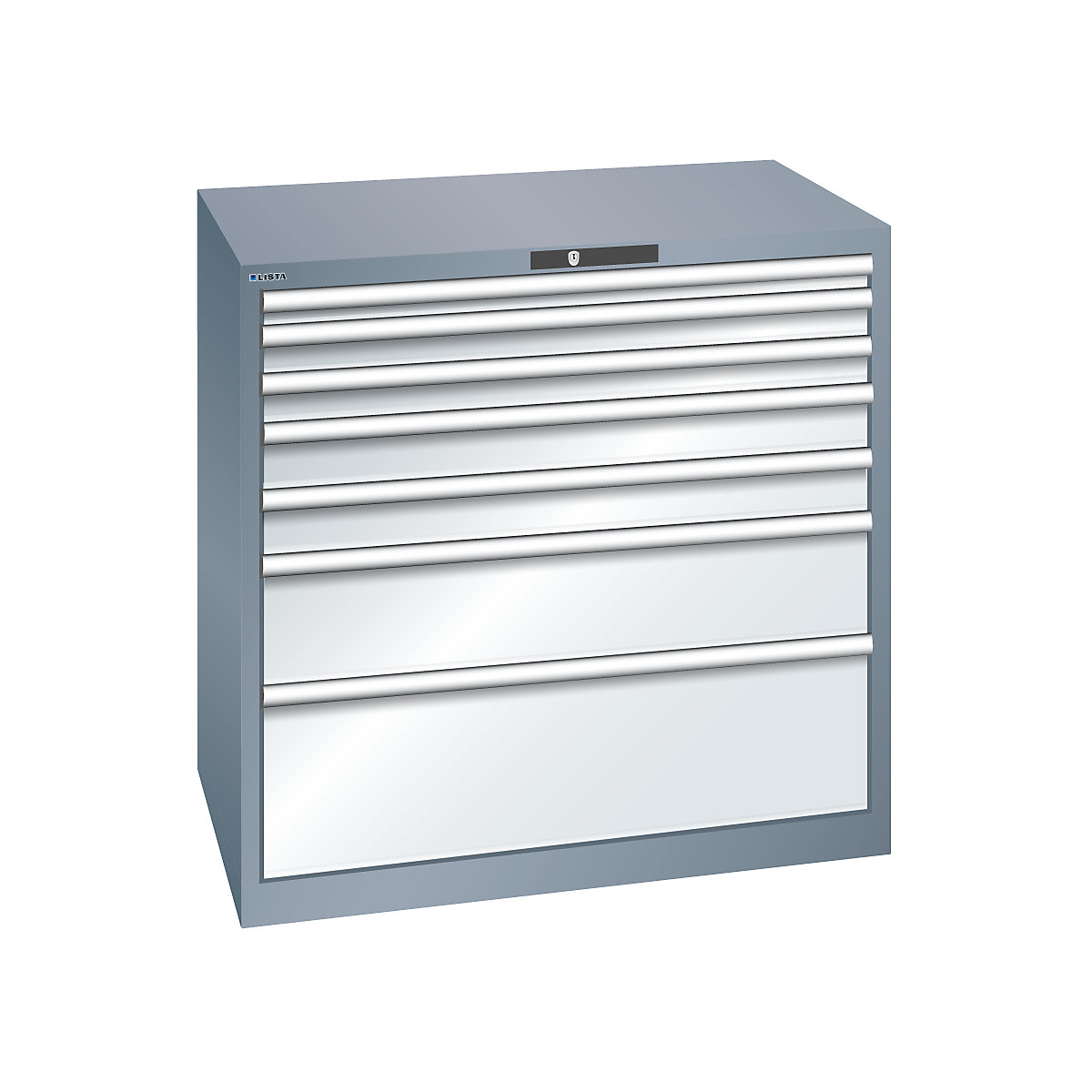 Szafa z szufladami, 7 szuflad – LISTA, szer. x głęb. x wys. 1023 x 725 x 1000 mm, szary metallic / jasnoszara-0