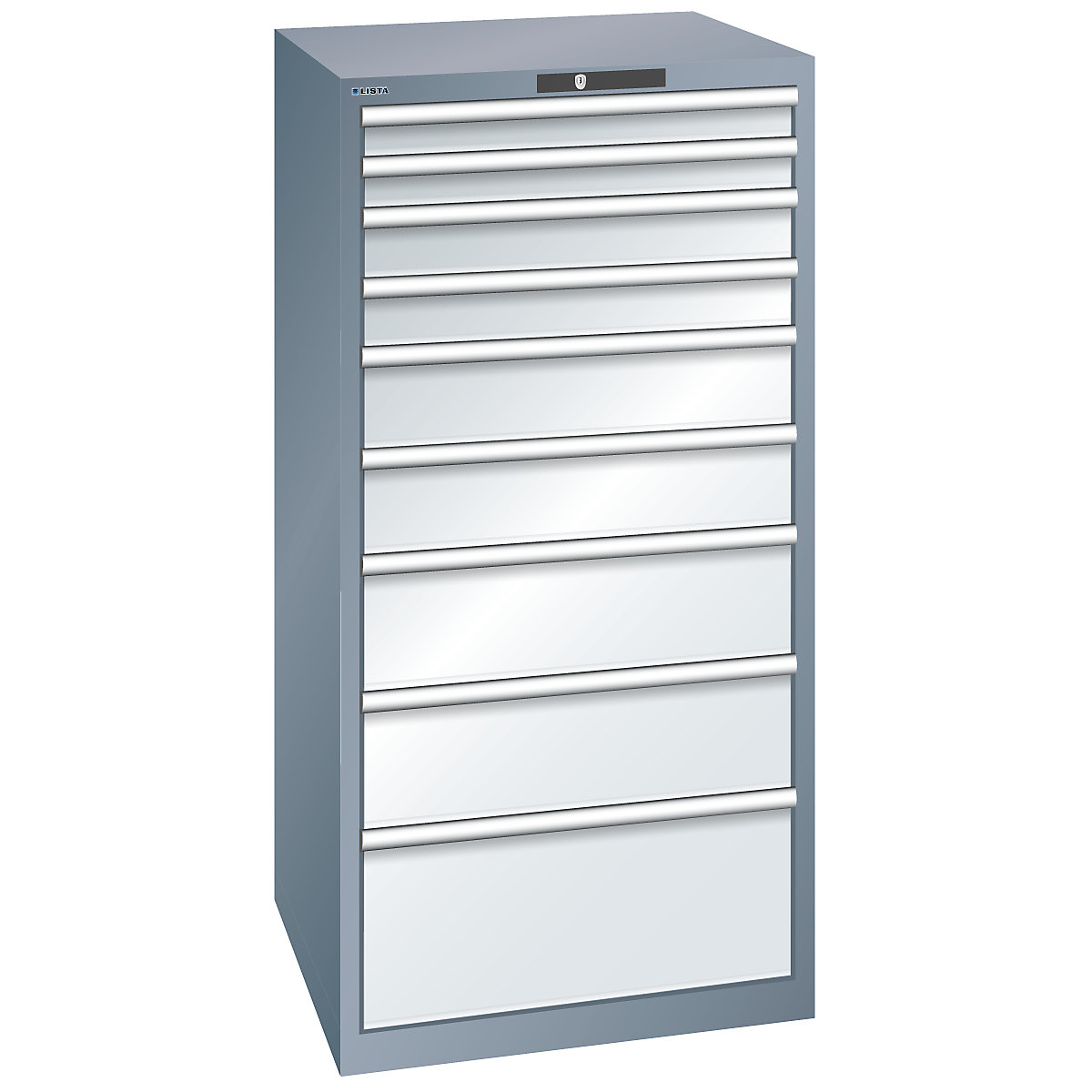 Szafa z szufladami, 9 szuflad – LISTA, szer. x głęb. x wys. 717 x 725 x 1450 mm, szary metallic / jasnoszara-0