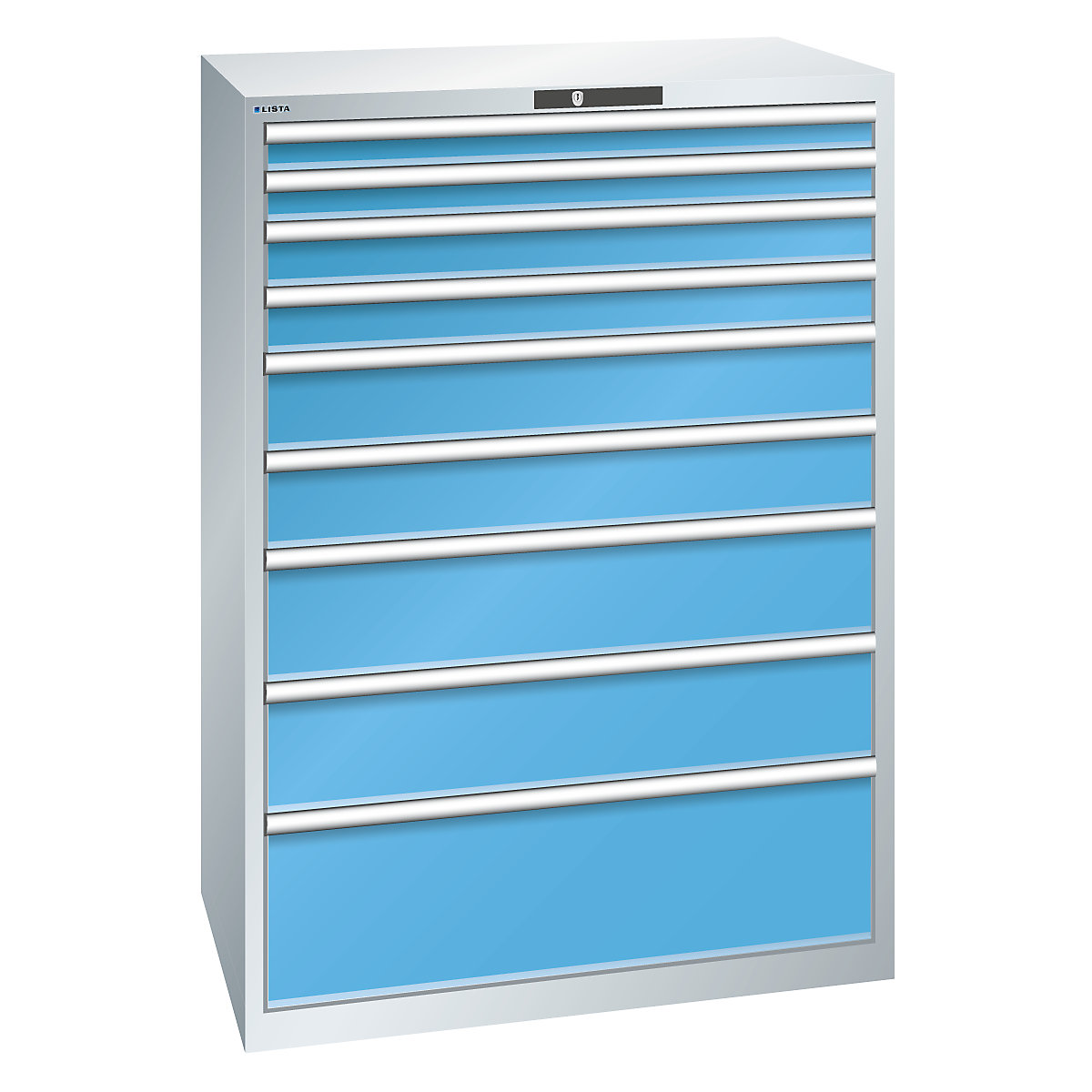 Szafa z szufladami, 9 szuflad – LISTA, szer. x głęb. x wys. 1023 x 725 x 1450 mm, jasnoszara / jasnoniebieska-0