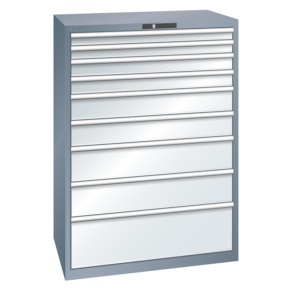 Szafa z szufladami, 9 szuflad – LISTA, szer. x głęb. x wys. 1023 x 725 x 1450 mm, szary metallic / jasnoszara-0