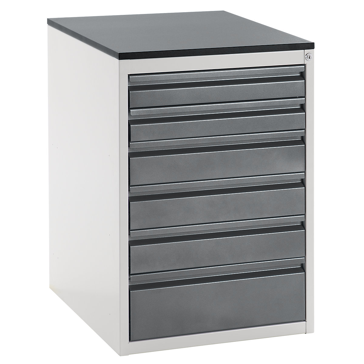 Szafka z szufladami na prowadnicach teleskopowych – RAU, wys. 820 mm, szuflady 2 x 90, 3 x 120, 1 x 180 mm, jasnoszary / antracytowy metallic, szer. 580 mm-0