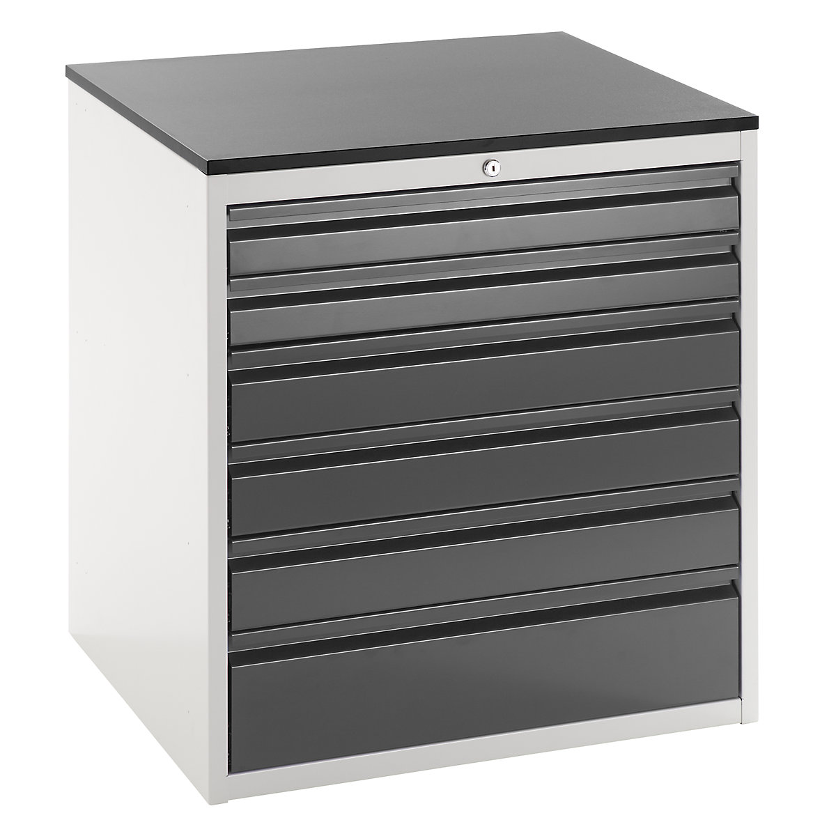 Szafka z szufladami na prowadnicach teleskopowych – RAU, wys. 820 mm, szuflady 2 x 90, 3 x 120, 1 x 180 mm, jasnoszary / antracytowy, szer. 770 mm-0