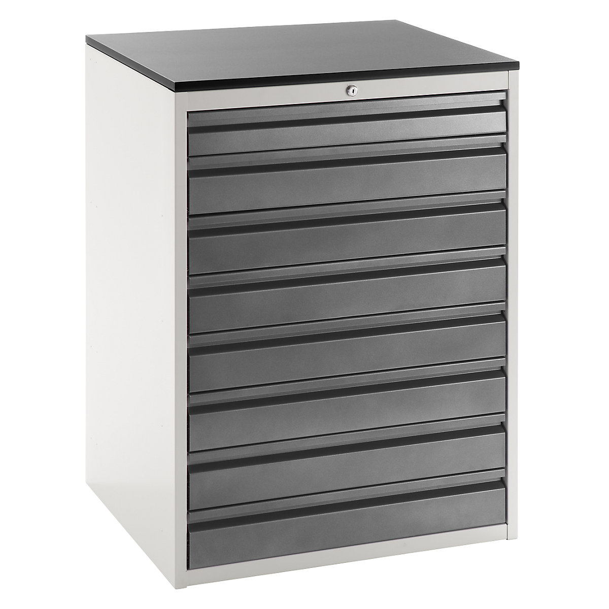 Szafka z szufladami na prowadnicach teleskopowych – RAU, wys. 1030 mm, szuflady 1 x 90, 7 x 120 mm, jasnoszary / antracytowy, szer. 770 mm-0