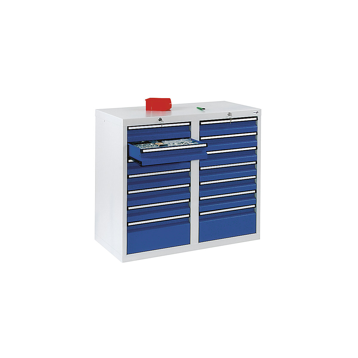 Szafka z szufladami, wys. x szer. x gł. 900 x 1000 x 500 mm, 12 szuflad o wys. 100 mm, 2 szuflady o wys. 200 mm, korpus szary, szuflady niebieskie gencjanowe-0