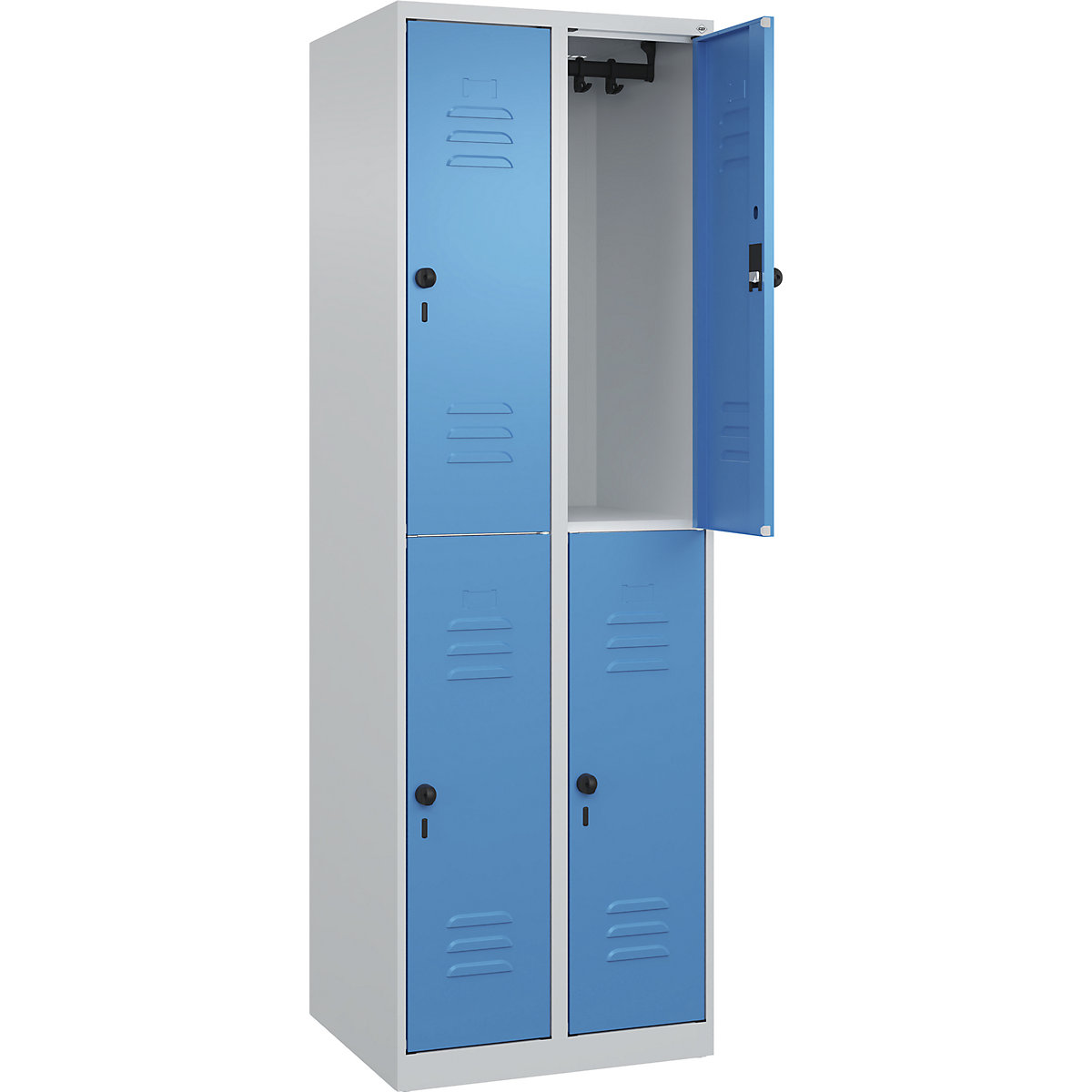 Dwupoziomowa szafka Classic PLUS – C+P, 2 przedziały, jasnoszara / jasnoniebieska, wys. x szer. 1850 x 600 mm, ze ślizgaczami podłogowymi, rygiel obrotowy-0