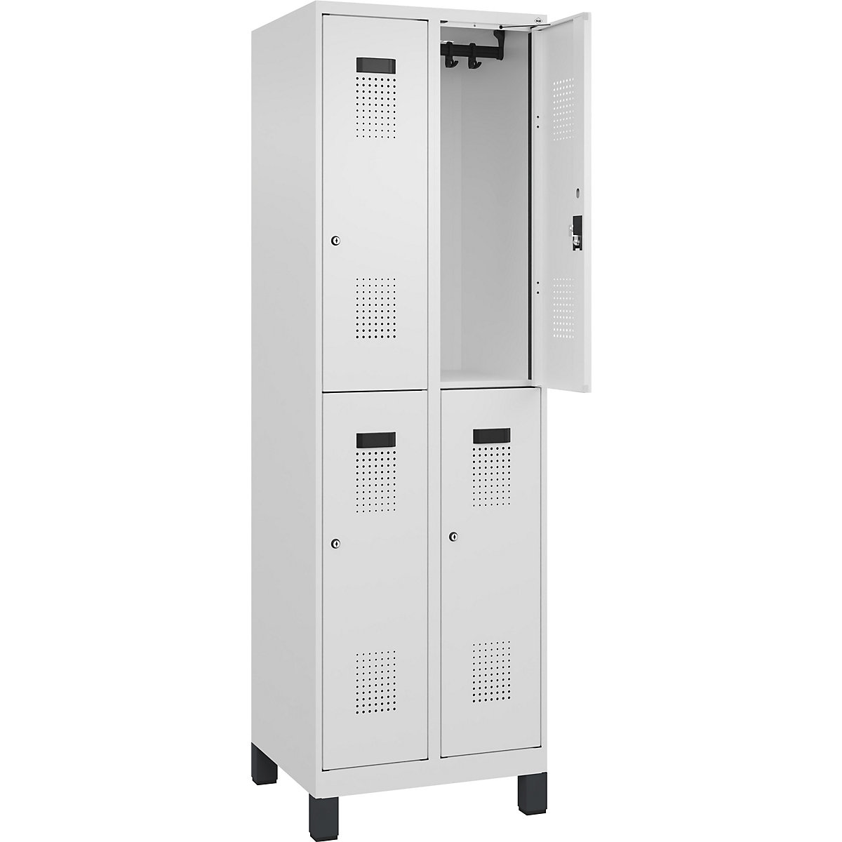 Dwupoziomowa szafka Evolo PLUS – C+P, 2 przedziały, biały drogowy, szer. 600 mm, z szerokimi nóżkami, zamek bębenkowy-0