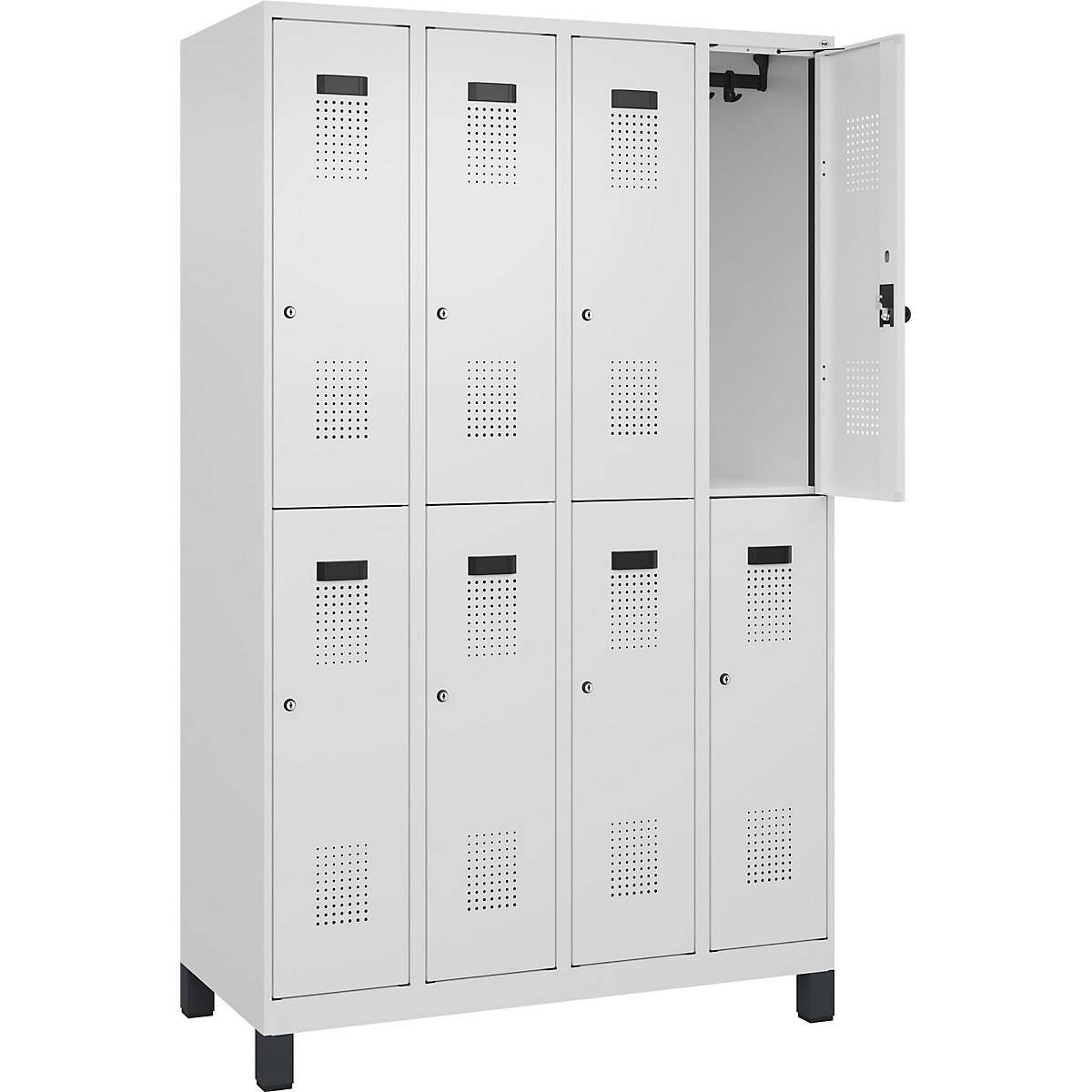 Dwupoziomowa szafka Evolo PLUS – C+P, 4 przedziały, biały drogowy, szer. 1200 mm, z szerokimi nóżkami, zamek bębenkowy-0
