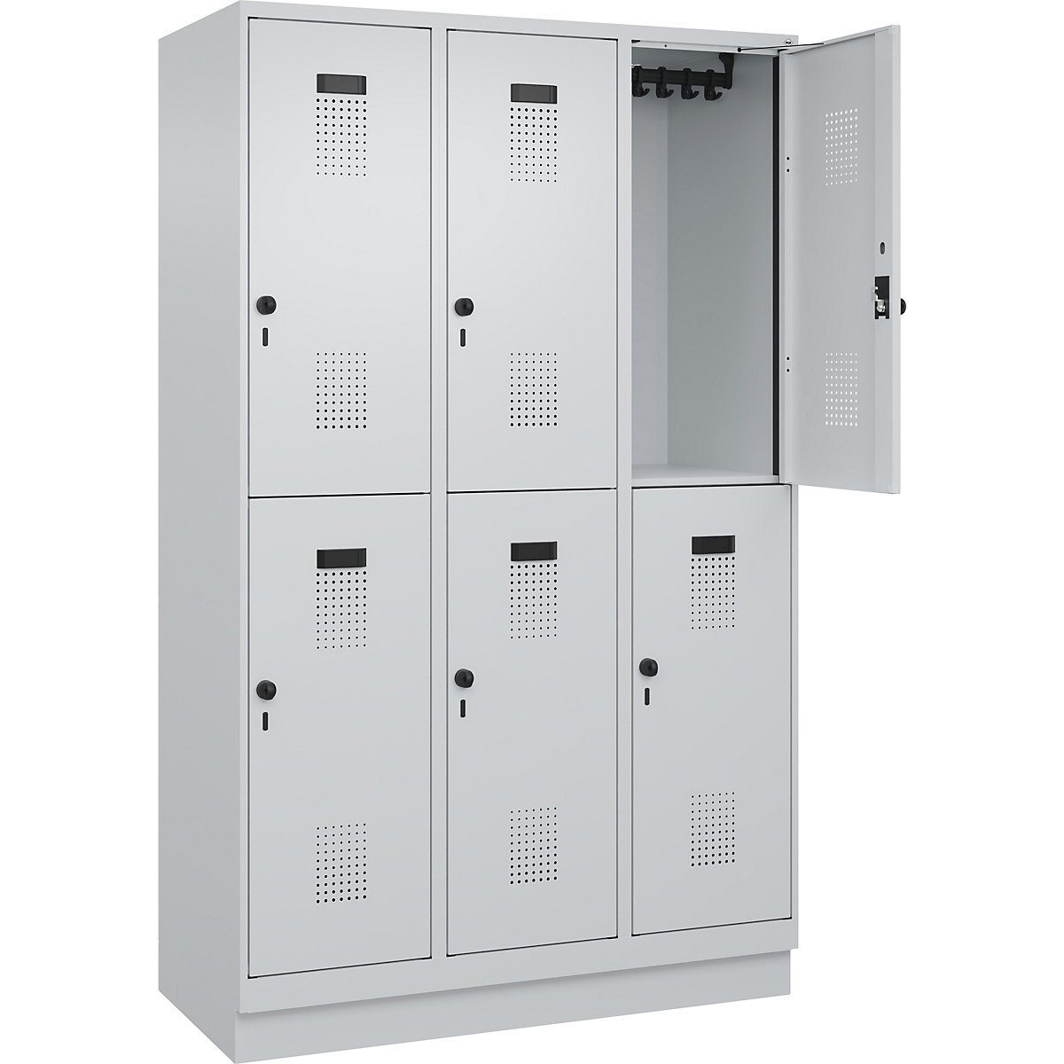 Dwupoziomowa szafka Evolo PLUS – C+P, 3 przedziały, jasnoszara, szer. 1200 mm, z cokołem, rygiel obrotowy-0