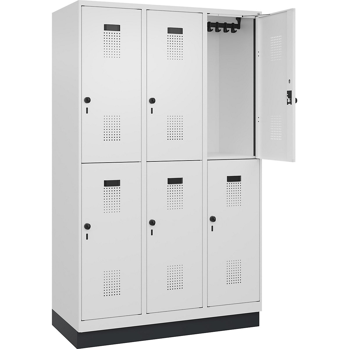 Dwupoziomowa szafka Evolo PLUS – C+P, 3 przedziały, biały drogowy, szer. 1200 mm, z cokołem, rygiel obrotowy-0