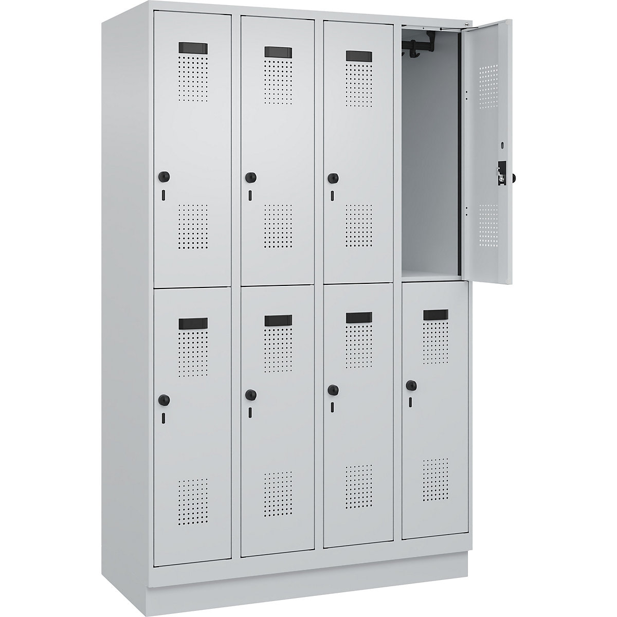 Dwupoziomowa szafka Evolo PLUS – C+P, 4 przedziały, jasnoszara, szer. 1200 mm, z cokołem, rygiel obrotowy-0
