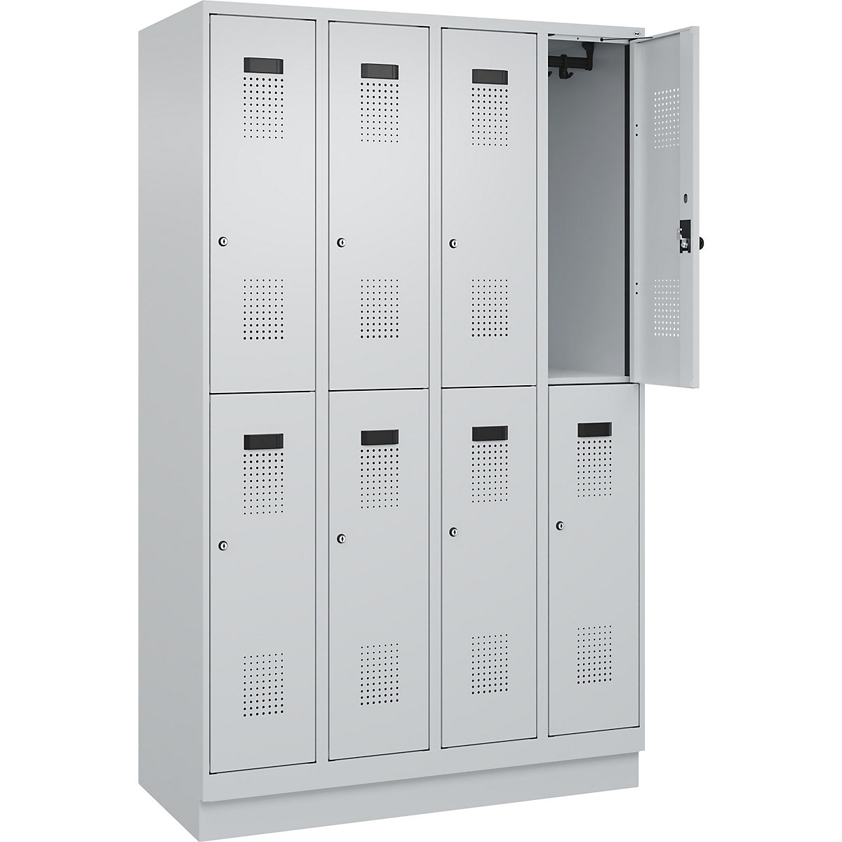 Dwupoziomowa szafka Evolo PLUS – C+P, 4 przedziały, jasnoszara, szer. 1200 mm, z cokołem, zamek bębenkowy-0