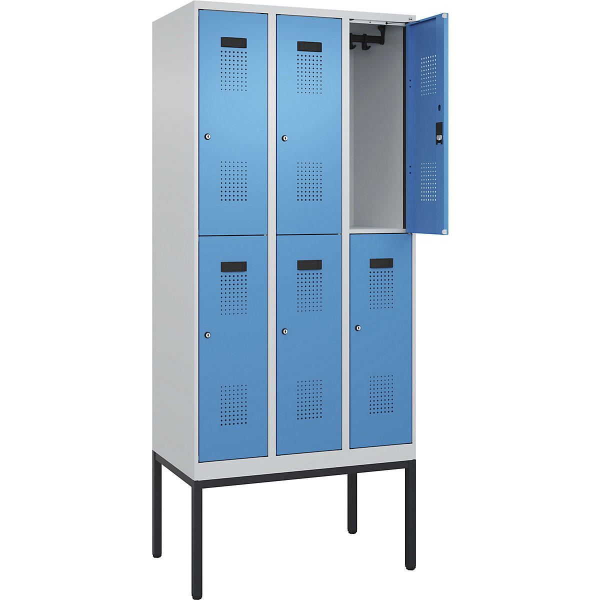 Dwupoziomowa szafka Evolo PLUS – C+P, 3 przedziały, jasnoszara / jasnoniebieska, szer. 900 mm, z wąskimi nóżkami, zamek bębenkowy-0