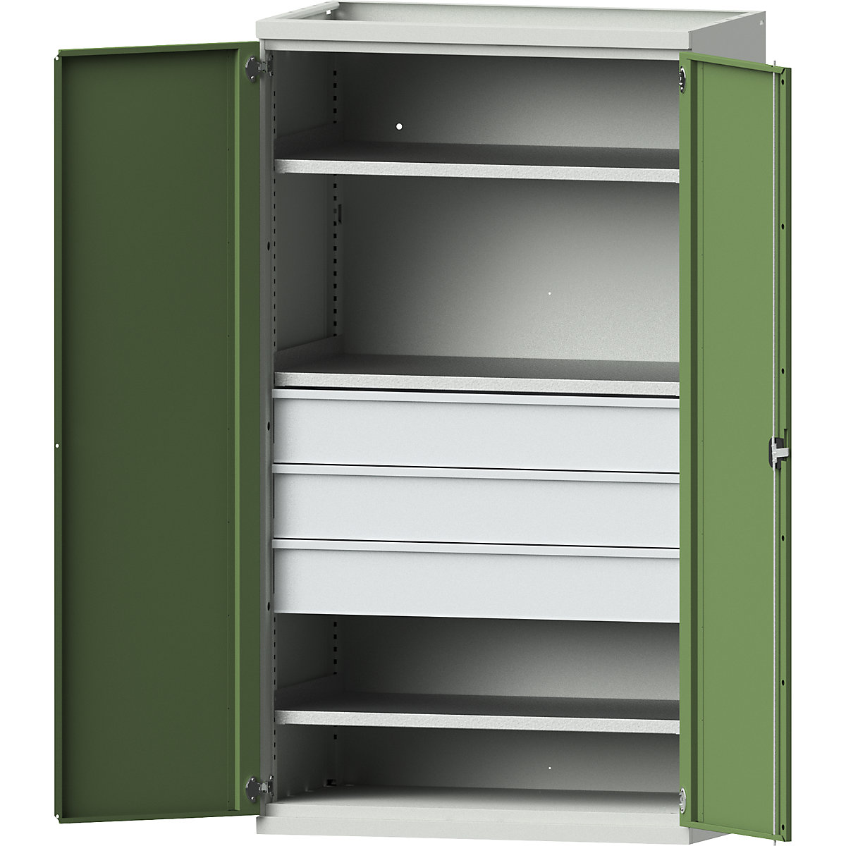 Szafa do dużych obciążeń ze stali – eurokraft pro, 3 półek, 3 szuflady o wys. 180 mm, jasnoszary/rezedowo-zielony-0