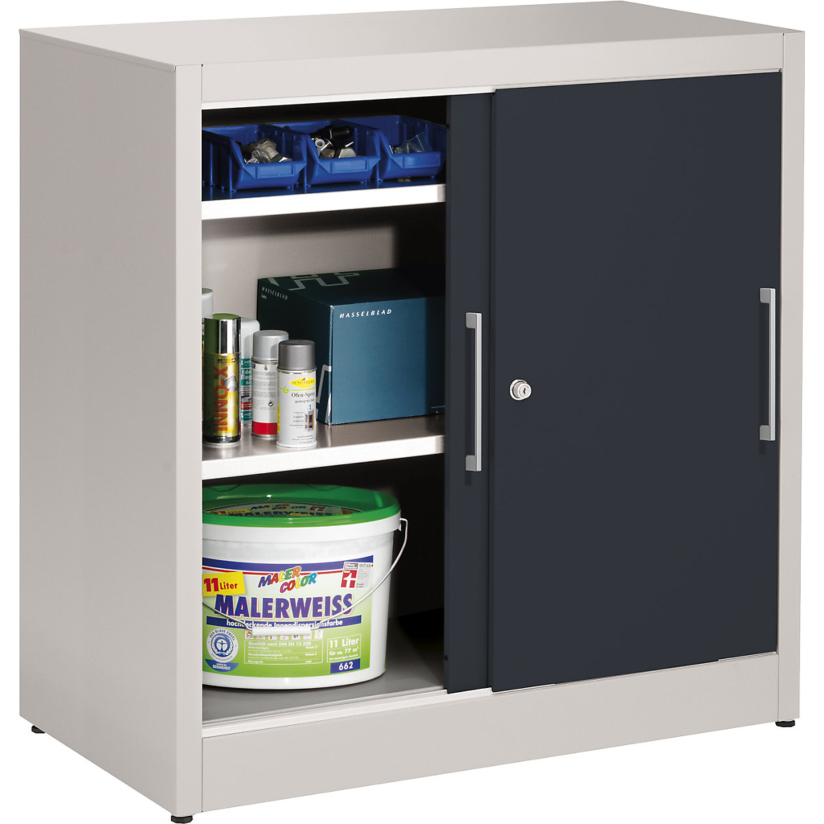 Szafa z drzwiami przesuwnymi, wys. 1000 mm – eurokraft pro, z 2 półkami, głęb. 500 mm, drzwi antracytowo-szare RAL 7016-0