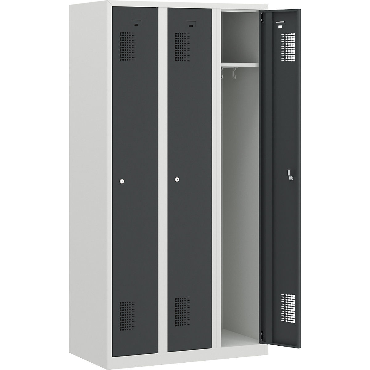 Szafka Amsterdam – eurokraft basic, 3 przedziały, jasnoszara / bazaltowo-szara, szer. 900 mm, zamek bębenkowy-0