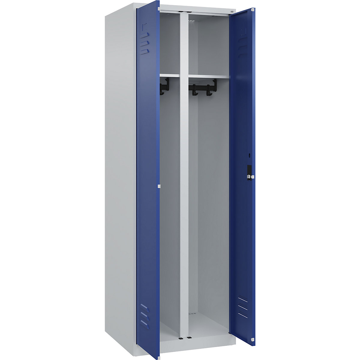 Szafka Classic PLUS na odzież prywatną i roboczą – C+P, 1 przedział, jasnoszara / niebieski gencjanowy, wys. x szer. 1850 x 600 mm, ze ślizgaczami podłogowymi, zamek bębenkowy-0