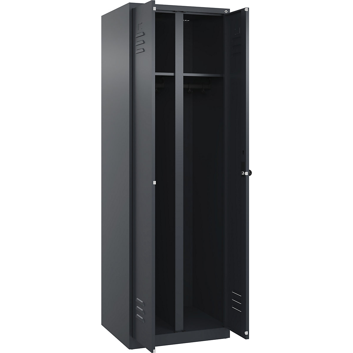 Szafka Classic PLUS na odzież prywatną i roboczą – C+P, 1 przedział, szara, wys. x szer. 1850 x 600 mm, ze ślizgaczami podłogowymi, rygiel obrotowy-0
