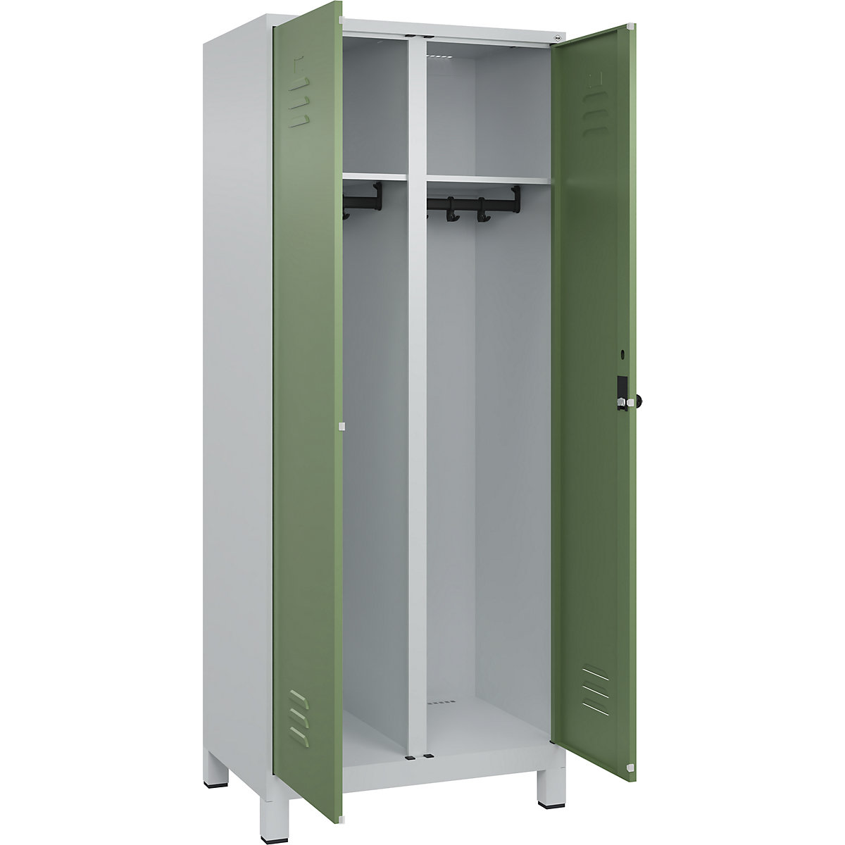 Szafka Classic PLUS na odzież prywatną i roboczą – C+P, 1 przedział, jasnoszara / rezedowo-zielona, wys. x szer. 1950 x 800 mm, z nóżkami, rygiel obrotowy-0
