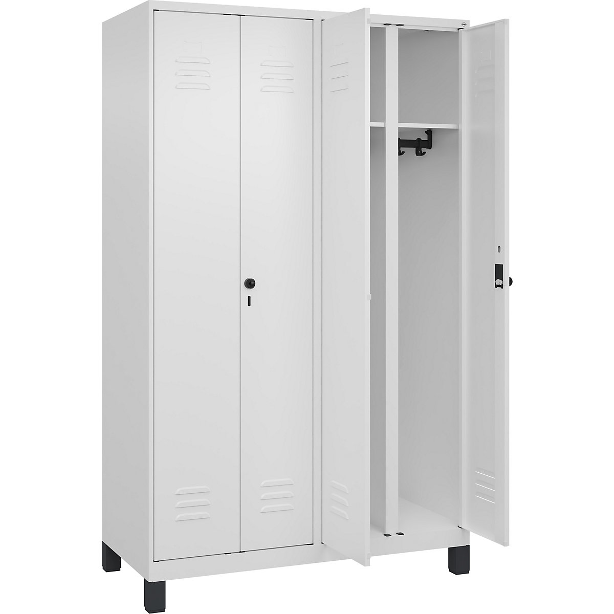 Szafka Classic PLUS na odzież prywatną i roboczą – C+P, 2 przedziały, biały drogowy, wys. x szer. 1950 x 1200 mm, z nóżkami, rygiel obrotowy-0