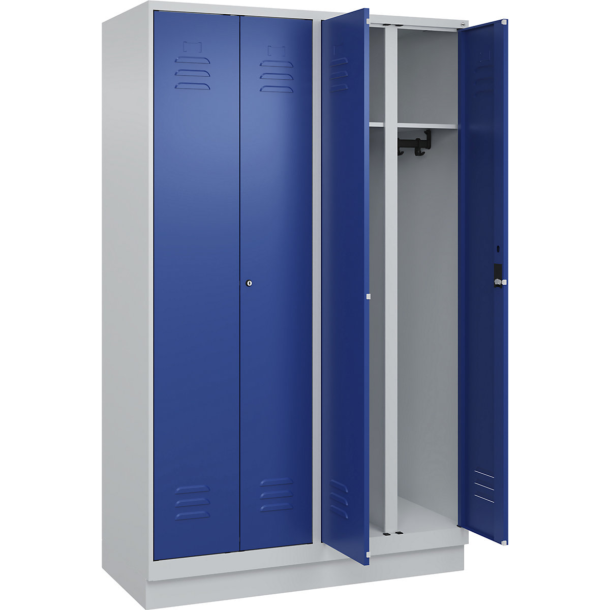 Szafka Classic PLUS na odzież prywatną i roboczą – C+P, 2 przedziały, jasnoszara / niebieski gencjanowy, wys. x szer. 1950 x 1200 mm, z cokołem, zamek bębenkowy-0