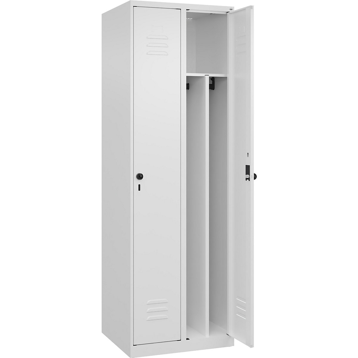 Szafka Classic PLUS na odzież prywatną i roboczą, wąska – C+P, 2 przedziały, ścianka działowa skrócona, biały drogowy, szer. 600 mm, ze ślizgaczami podłogowymi, rygiel obrotowy, ścianka działowa pośrodku-0