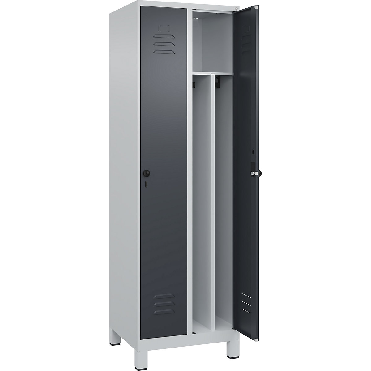 Szafka Classic PLUS na odzież prywatną i roboczą, wąska – C+P, 2 przedziały, ścianka działowa skrócona, jasnoszara / szara, szer. 600 mm, z nóżkami, rygiel obrotowy, ścianka działowa pośrodku-0
